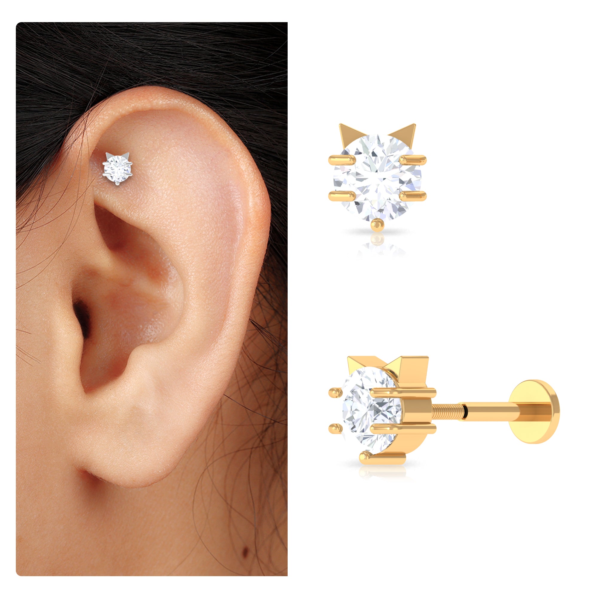 Rosec Jewels-Round Moissanite Solitaire Cat Earring for Helix Piercing