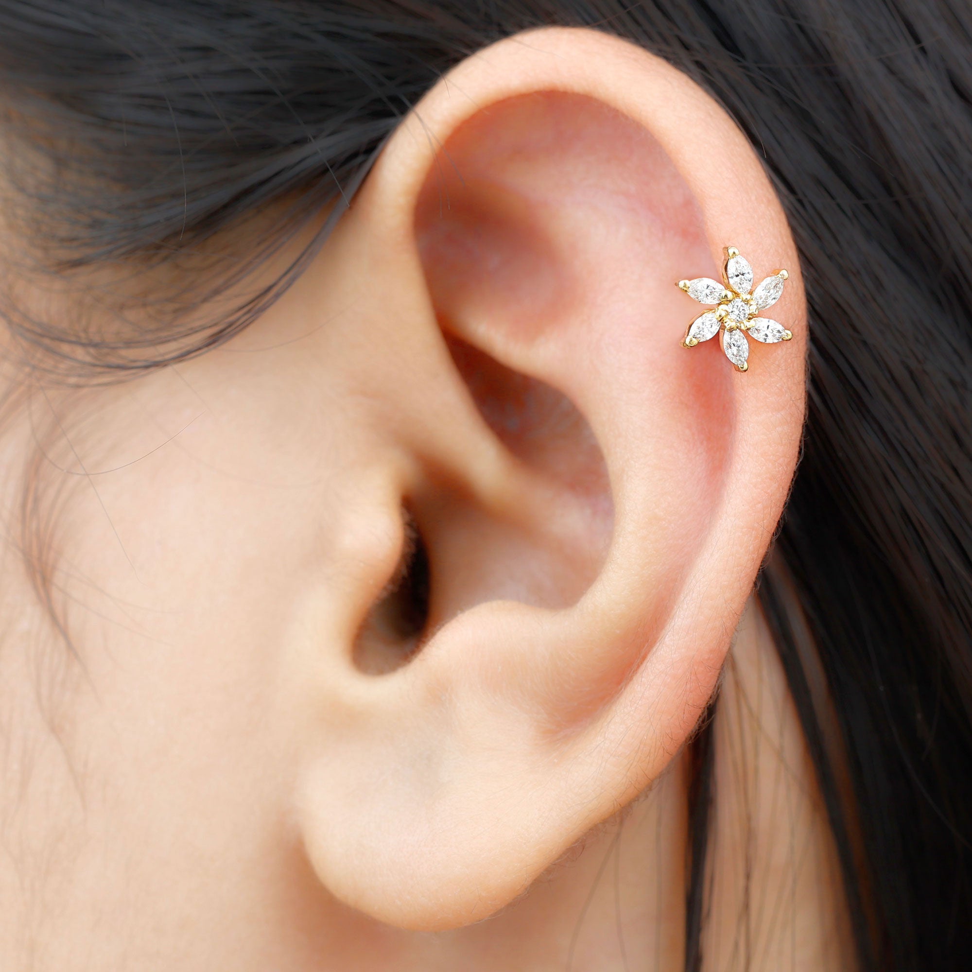 Rosec Jewels-Marquise Moissanite Flower Earring for Cartilage Piercing