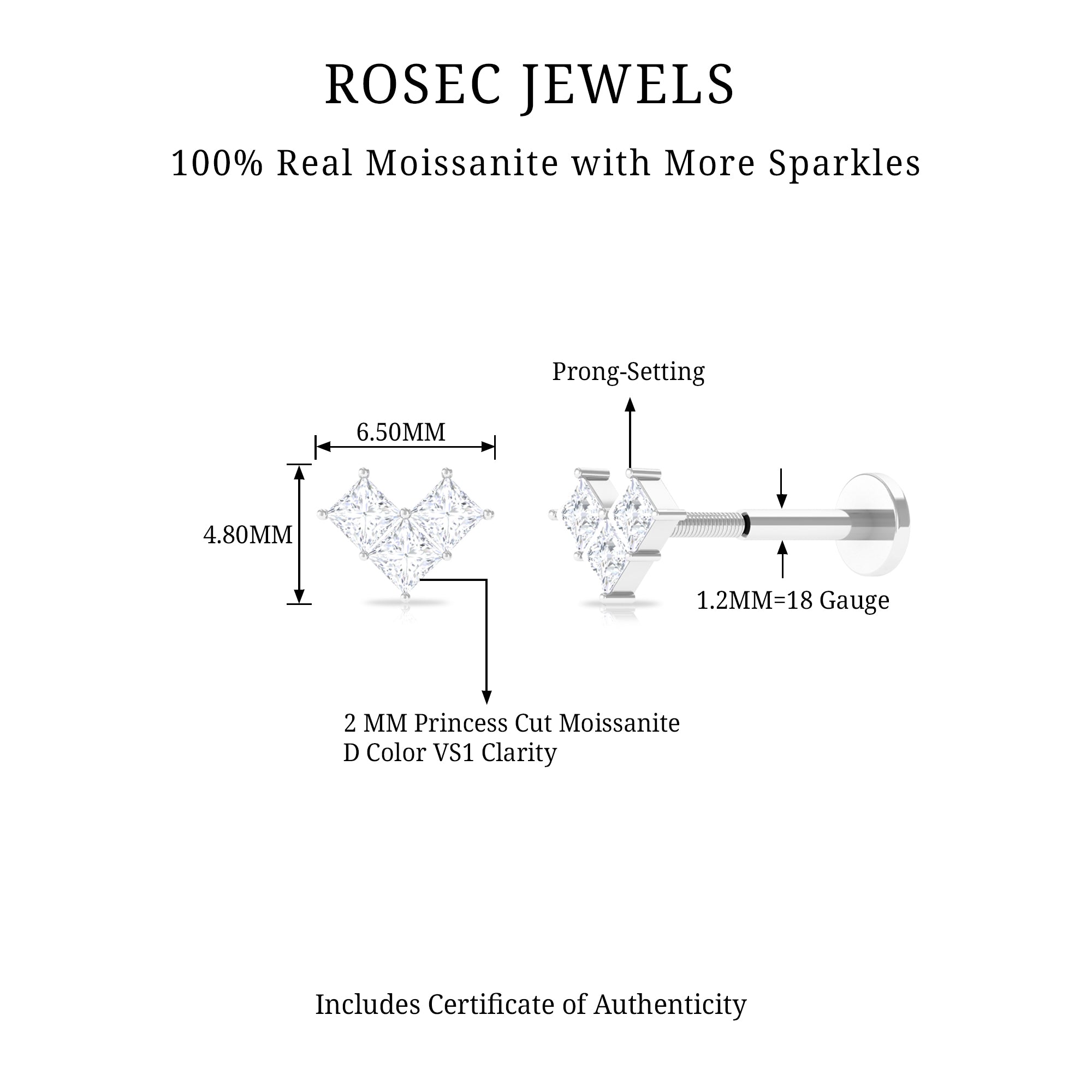 Rosec Jewels-Princess Cut Moissanite Three Stone Tragus Earring