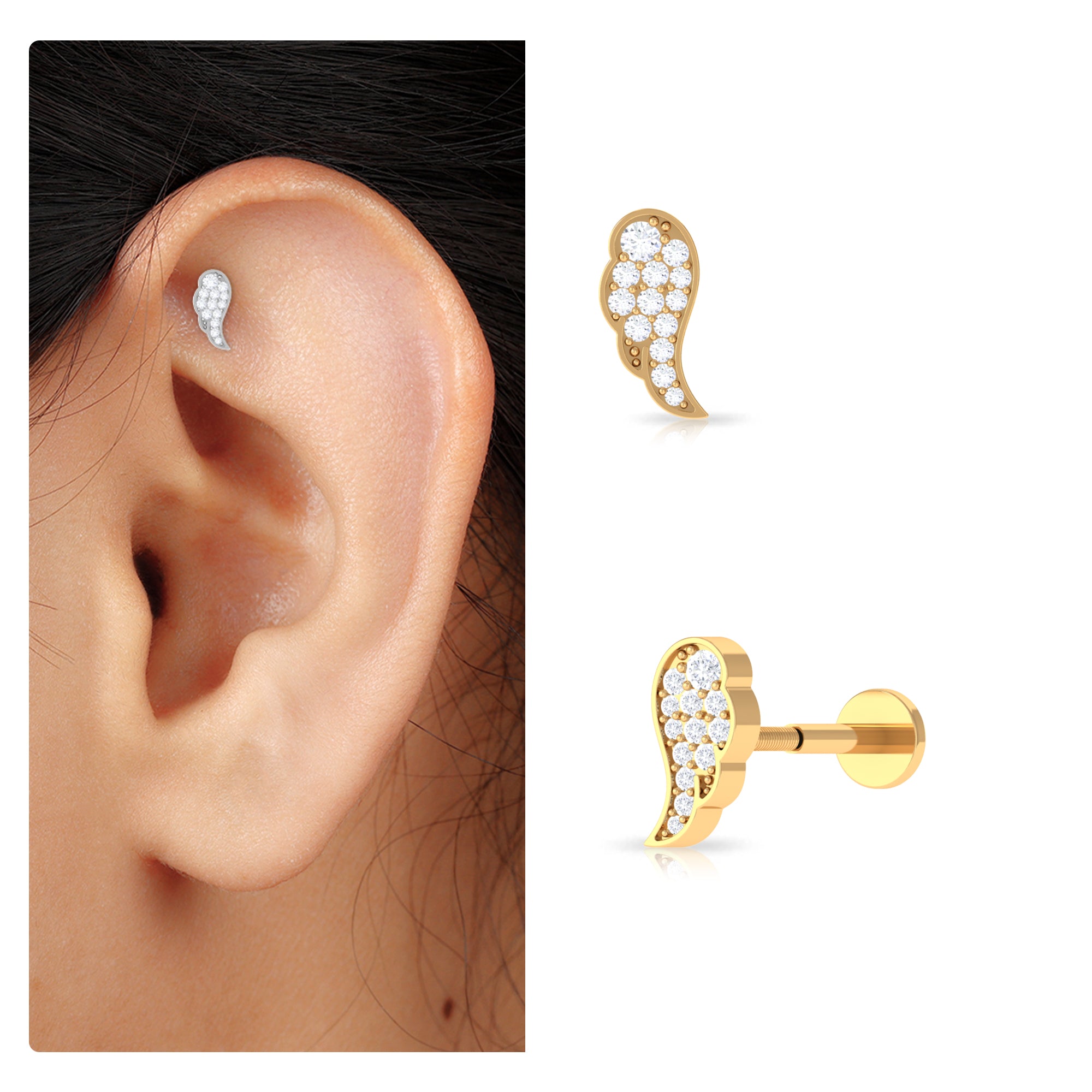 Rosec Jewels-Minimal Moissanite Gold Wing Earring for Cartilage Piercing