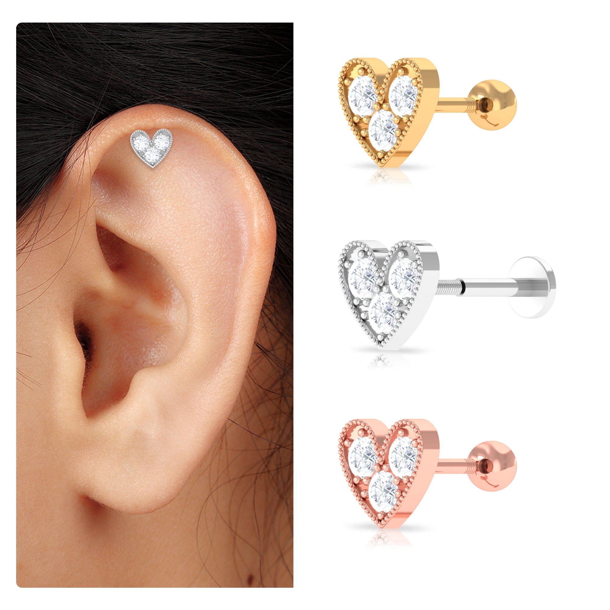 Rosec Jewels-Unique Moissanite Heart Earring for Cartilage Piercing