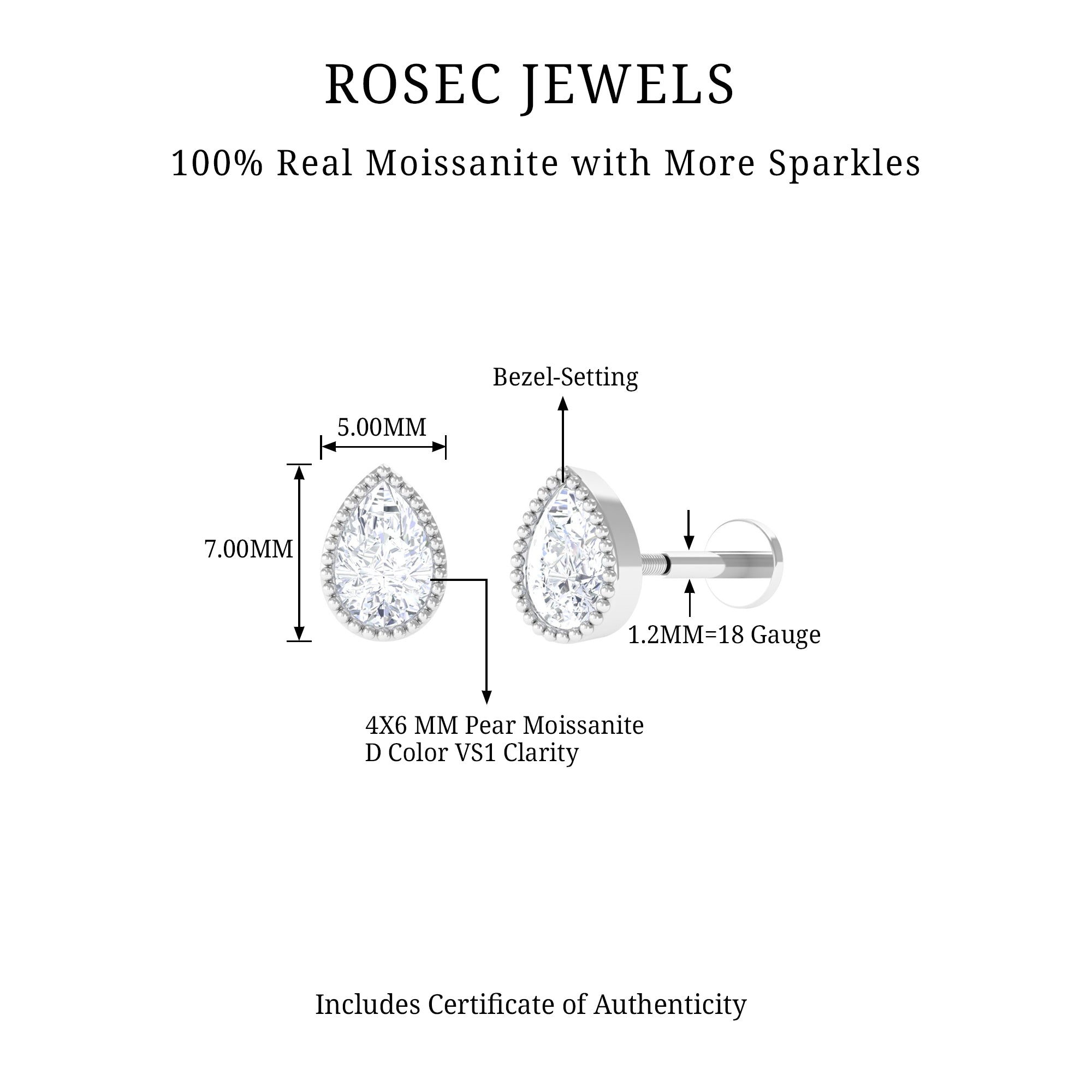 Rosec Jewels-Pear Moissanite Helix Solitaire Earring in Beaded Bezel Setting