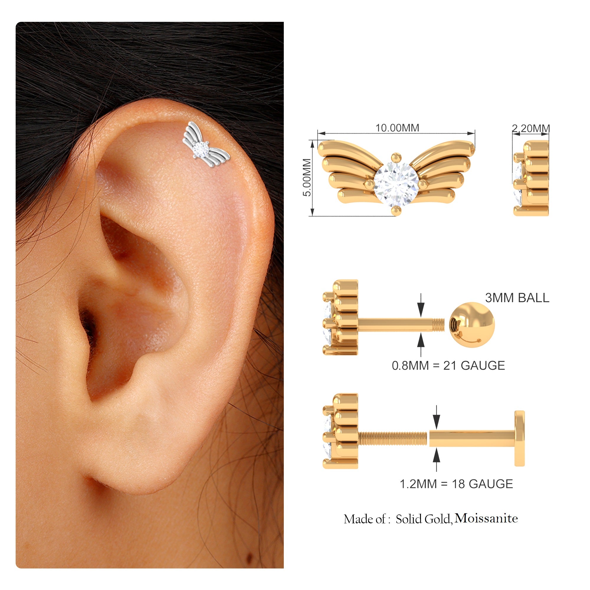 Rosec Jewels-Round Moissanite Bird Earring for Helix Piercing