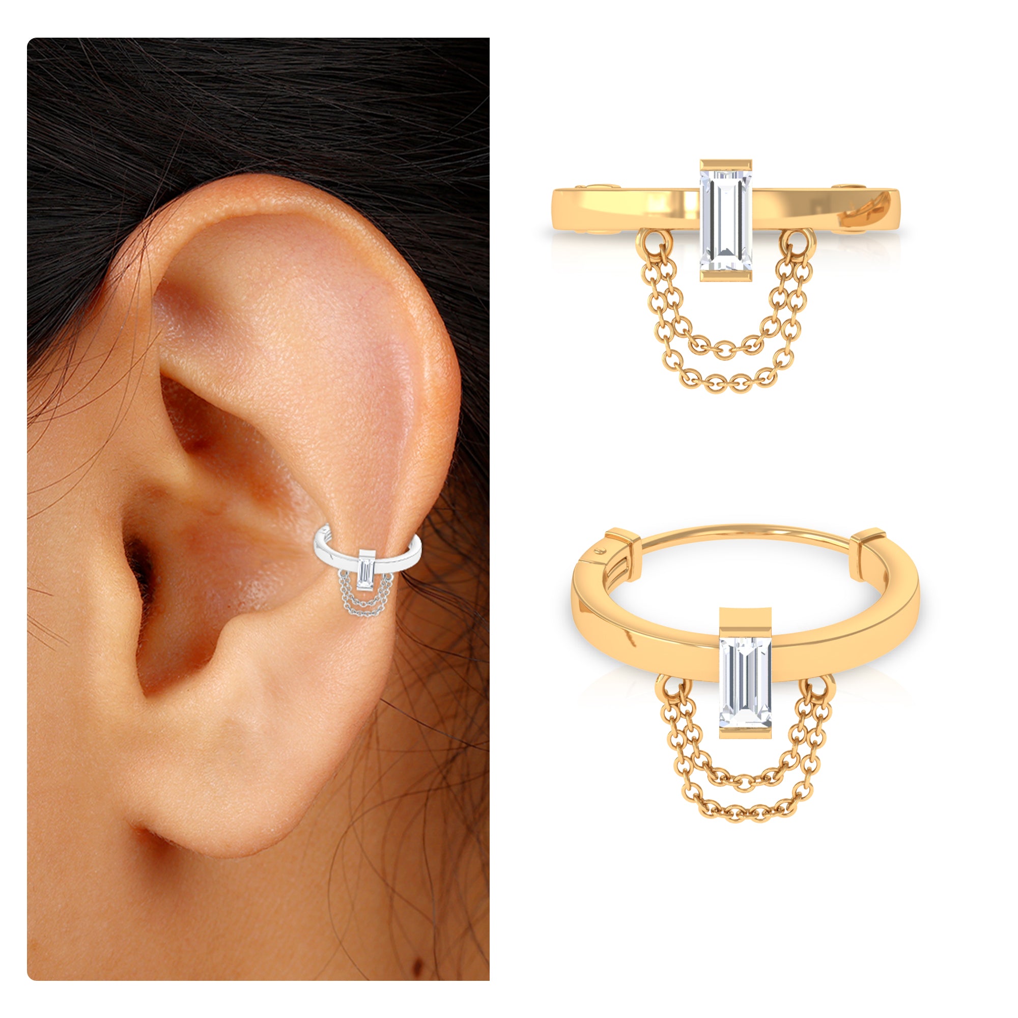 Rosec Jewels-Baguette Moissanite Helix Hoop Earring with Dangle Chain