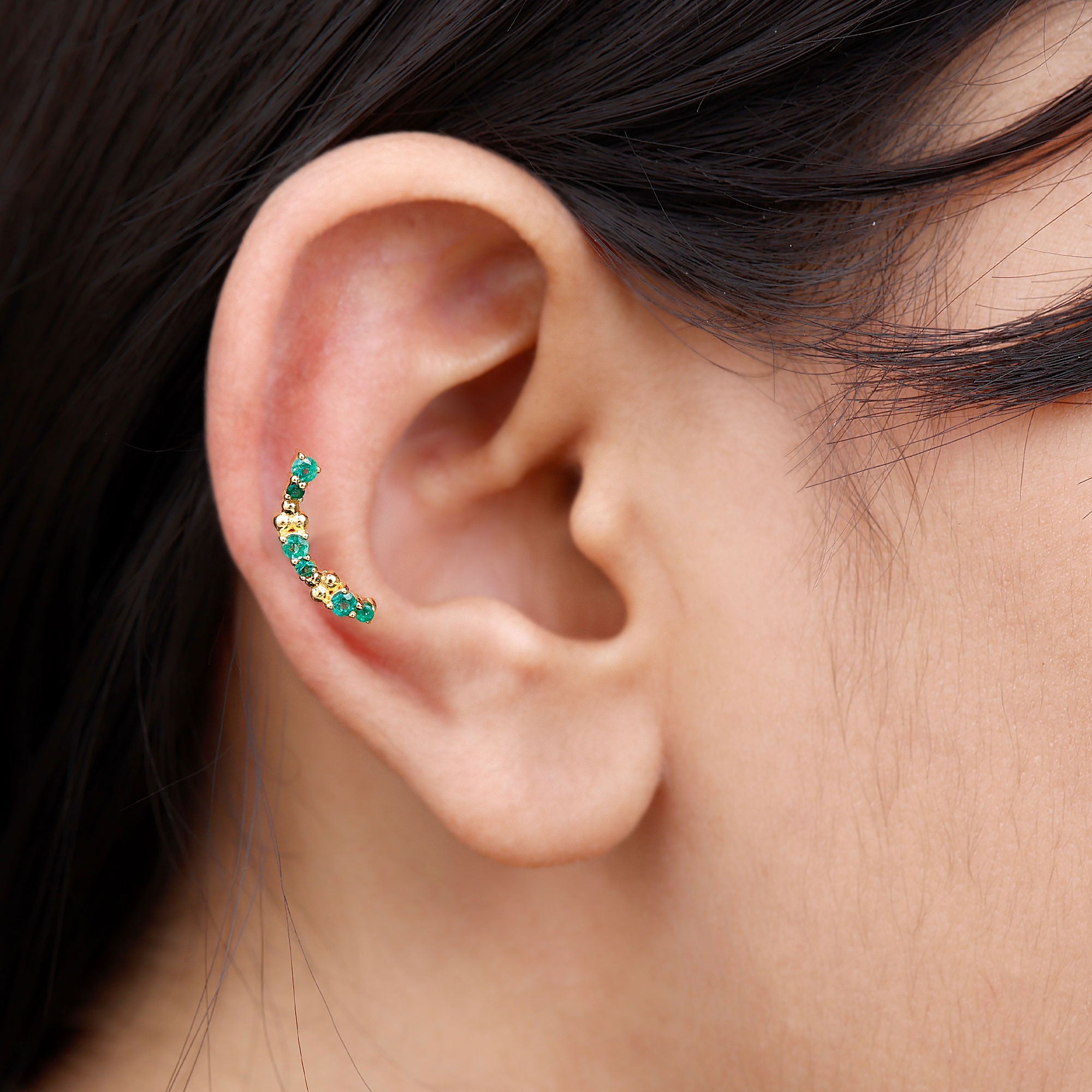 Rosec Jewels-Natural Emerald Crawler Cartilage Earring with Beaded Details