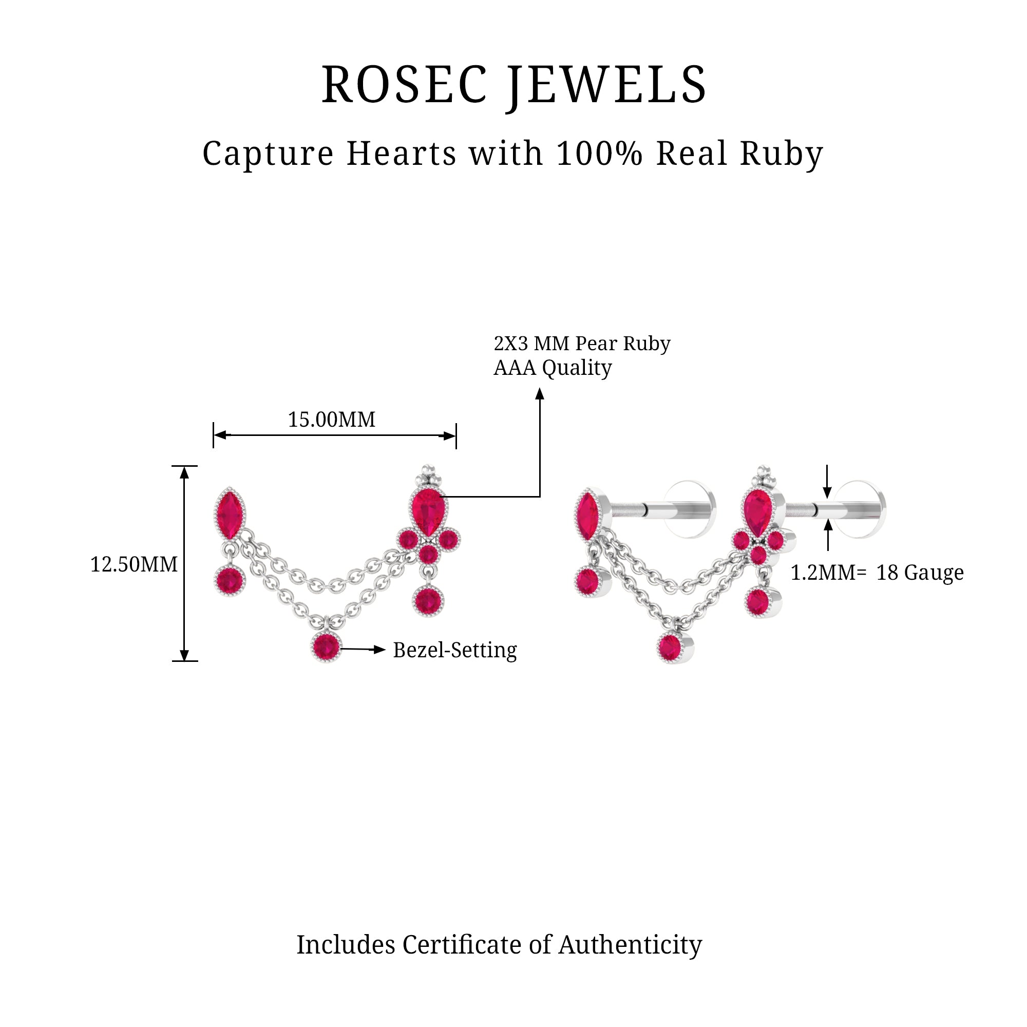 Rosec Jewels-Natural Red Ruby Double Piercing Earring with Dangling Chain