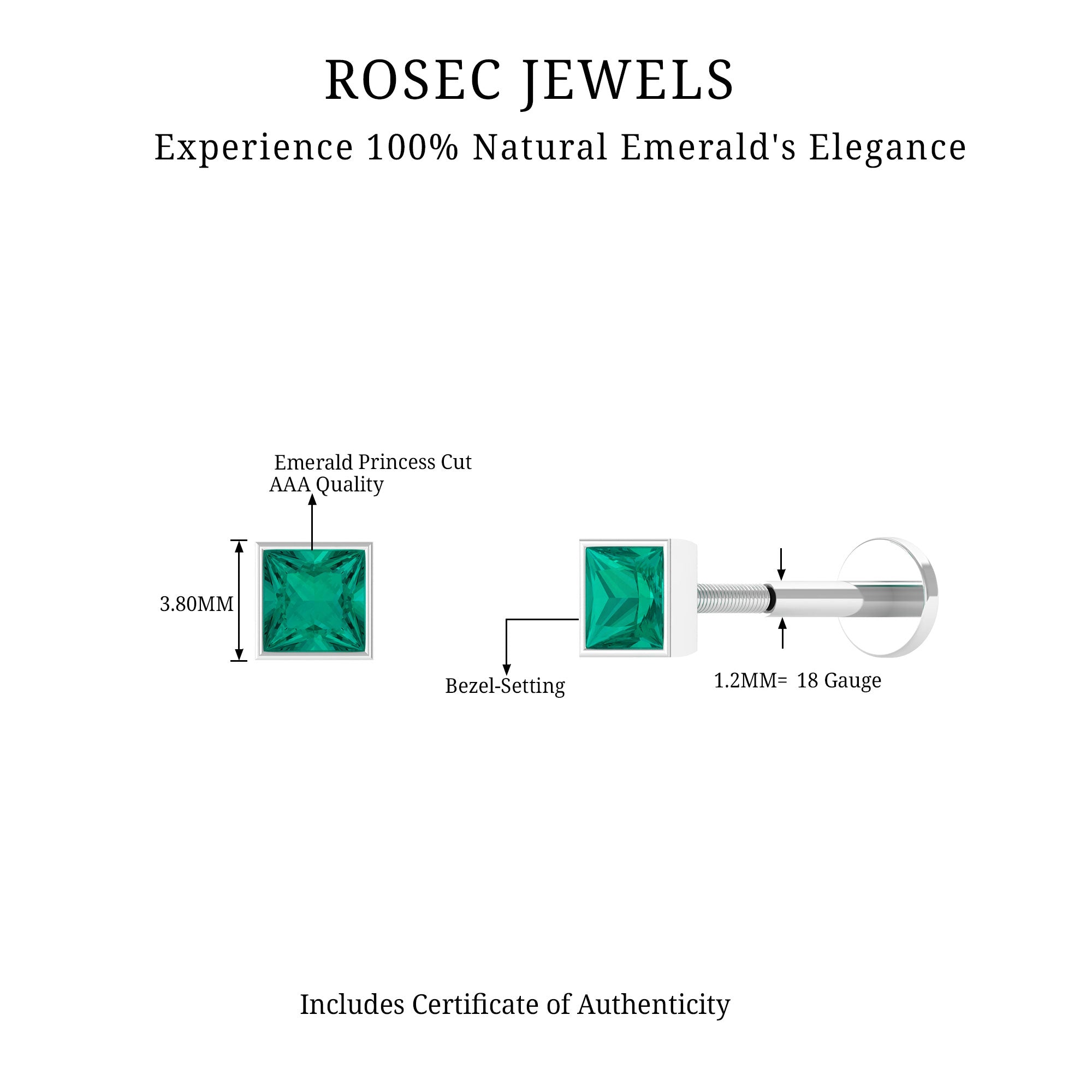 Rosec Jewels-Princess Cut Emerald Helix Earring in Bezel Setting