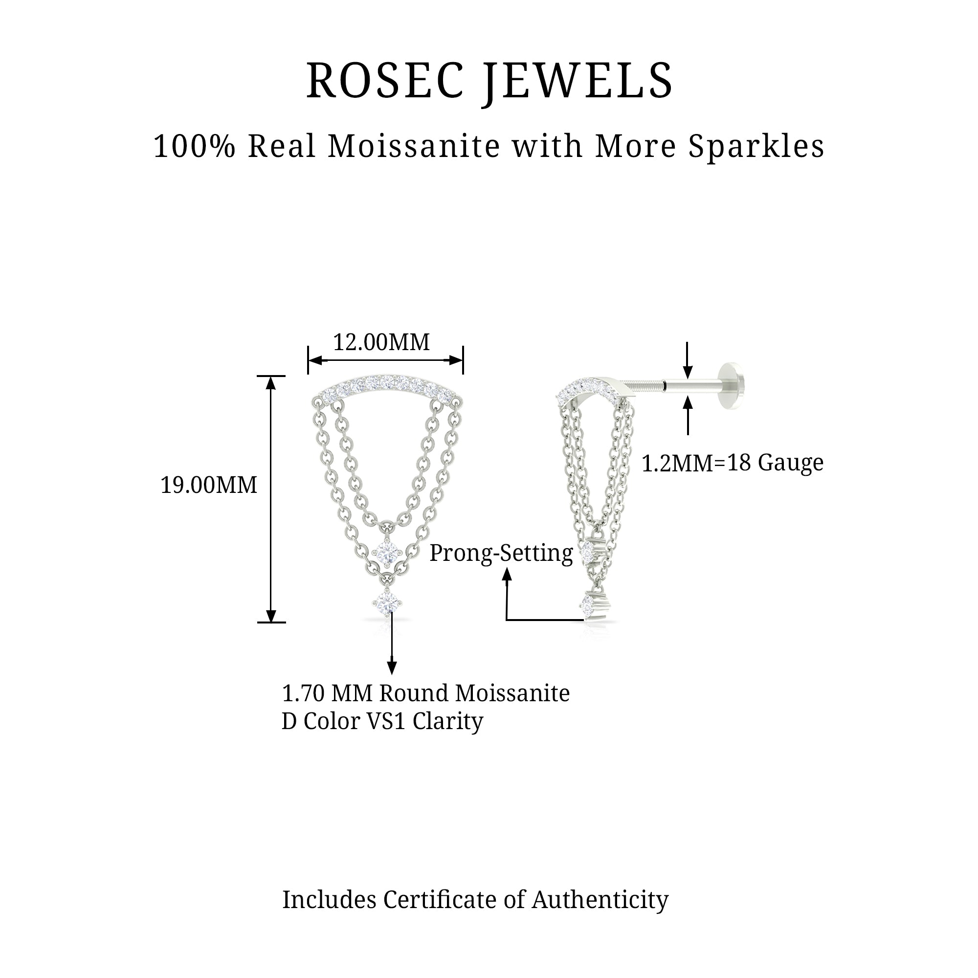 Rosec Jewels-Moissanite Double Chain Dangling Earring for Cartilage Piercing