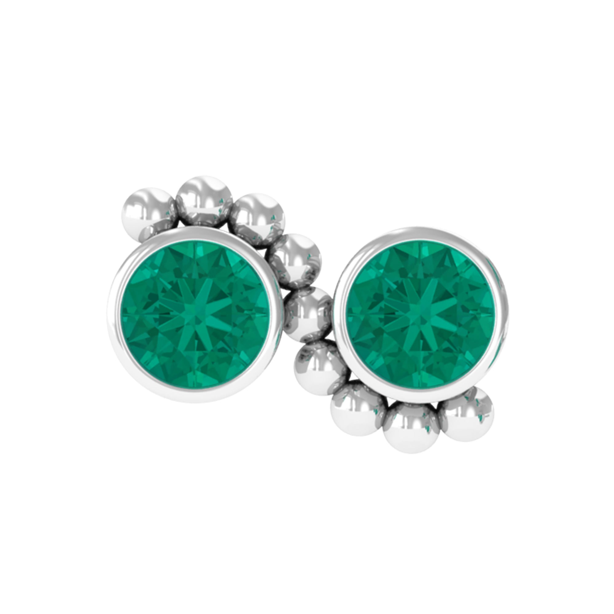 Bezel Set Emerald Two Stone Helix Earring with Gold Beaded Emerald - ( AAA ) - Quality - Rosec Jewels