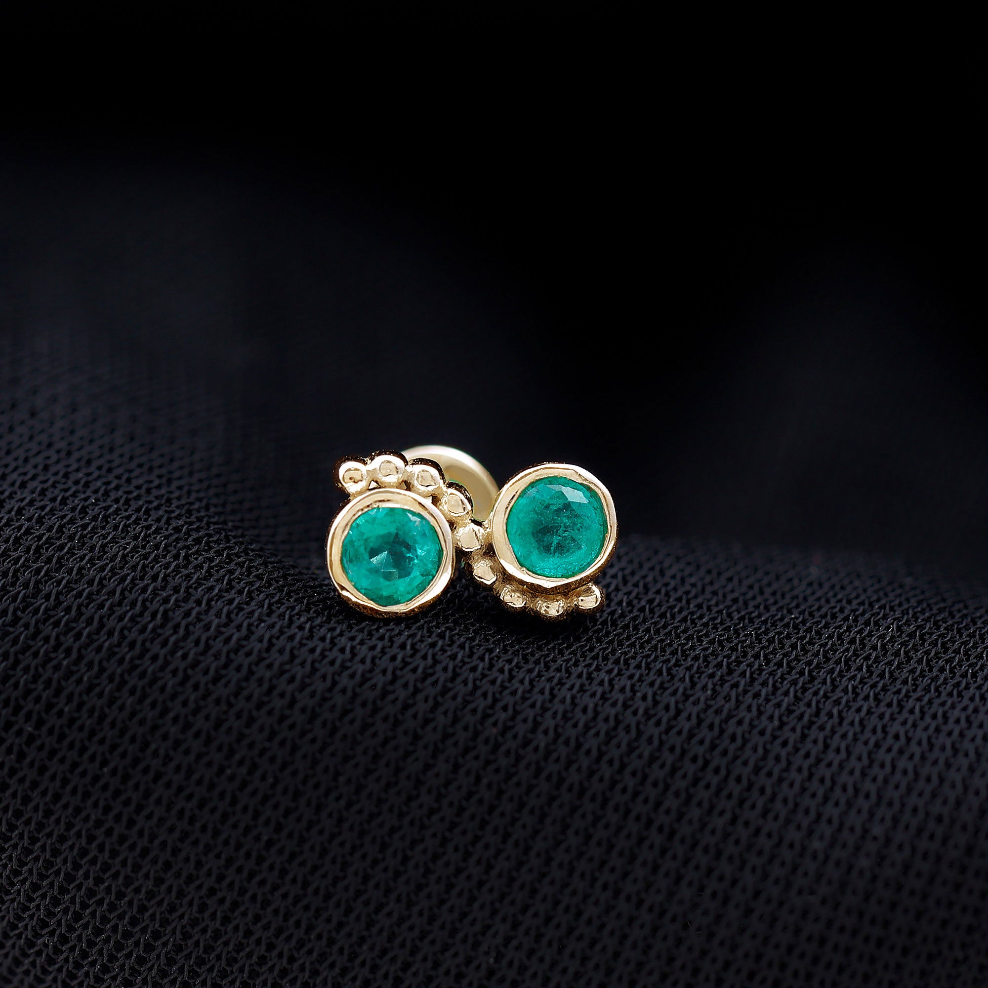 Bezel Set Emerald Two Stone Helix Earring with Gold Beaded Emerald - ( AAA ) - Quality - Rosec Jewels