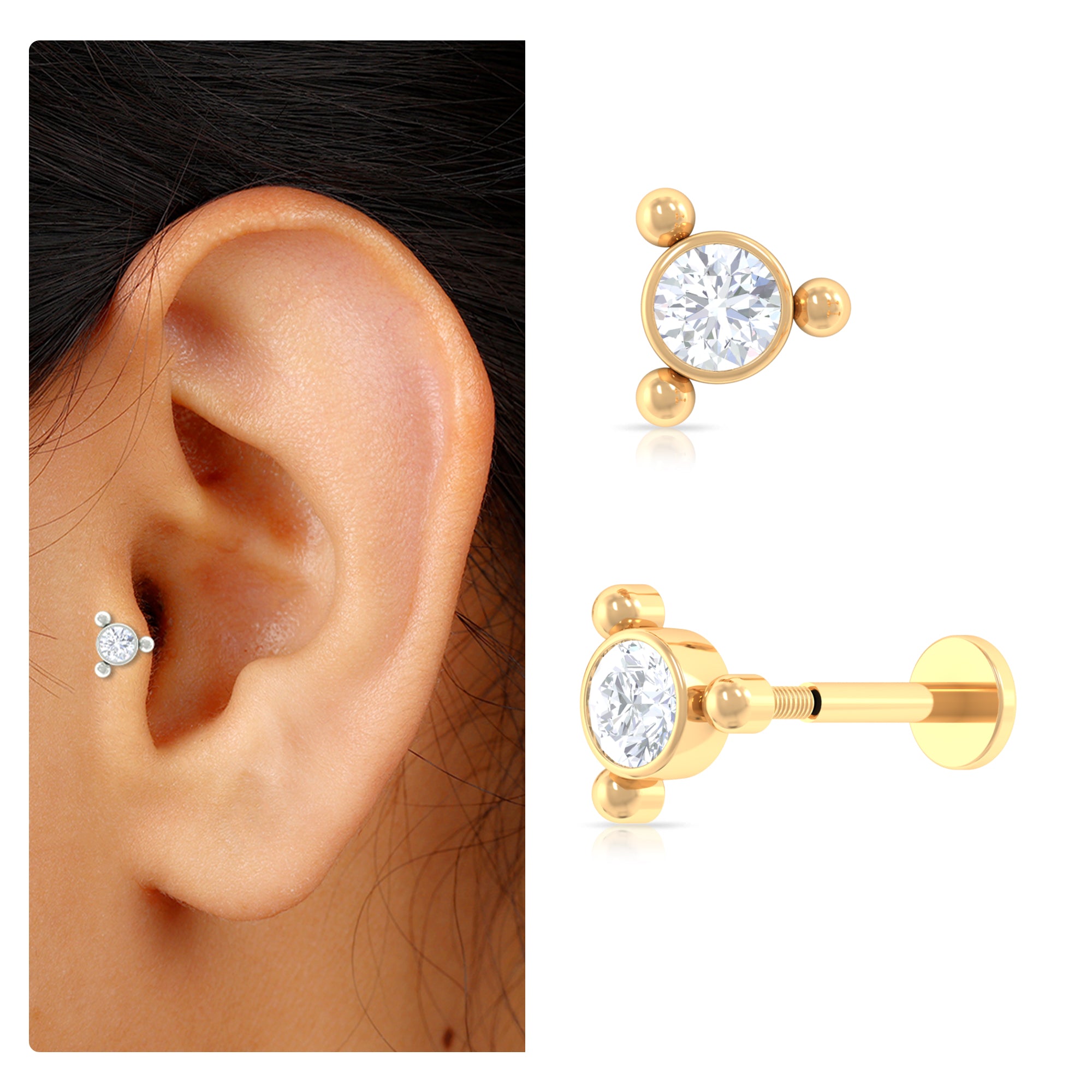 Rosec Jewels-Round Moissanite Simple Gold Beaded Helix Earring