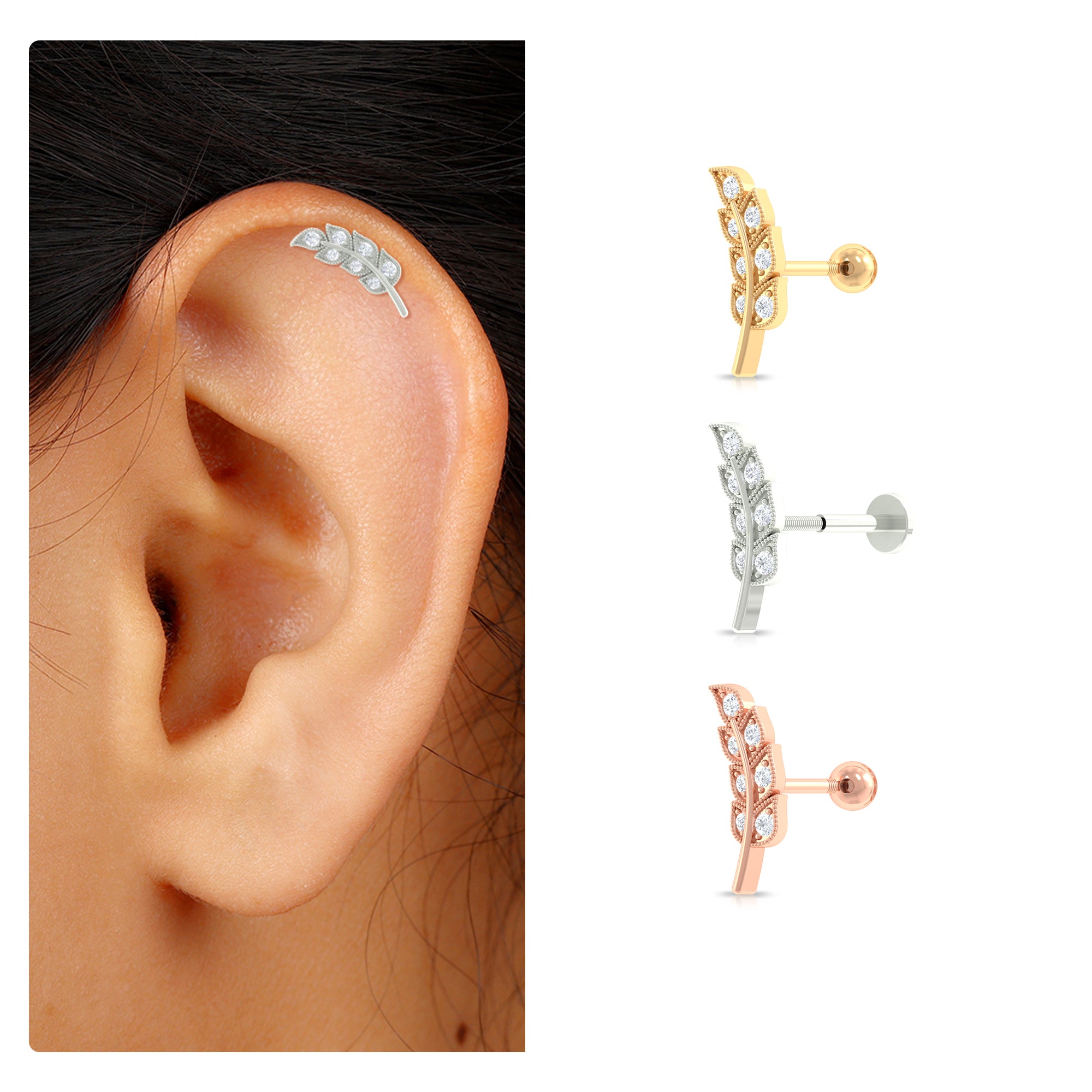 Rosec Jewels-Moissanite Leaf Helix Earring with Gold Beads