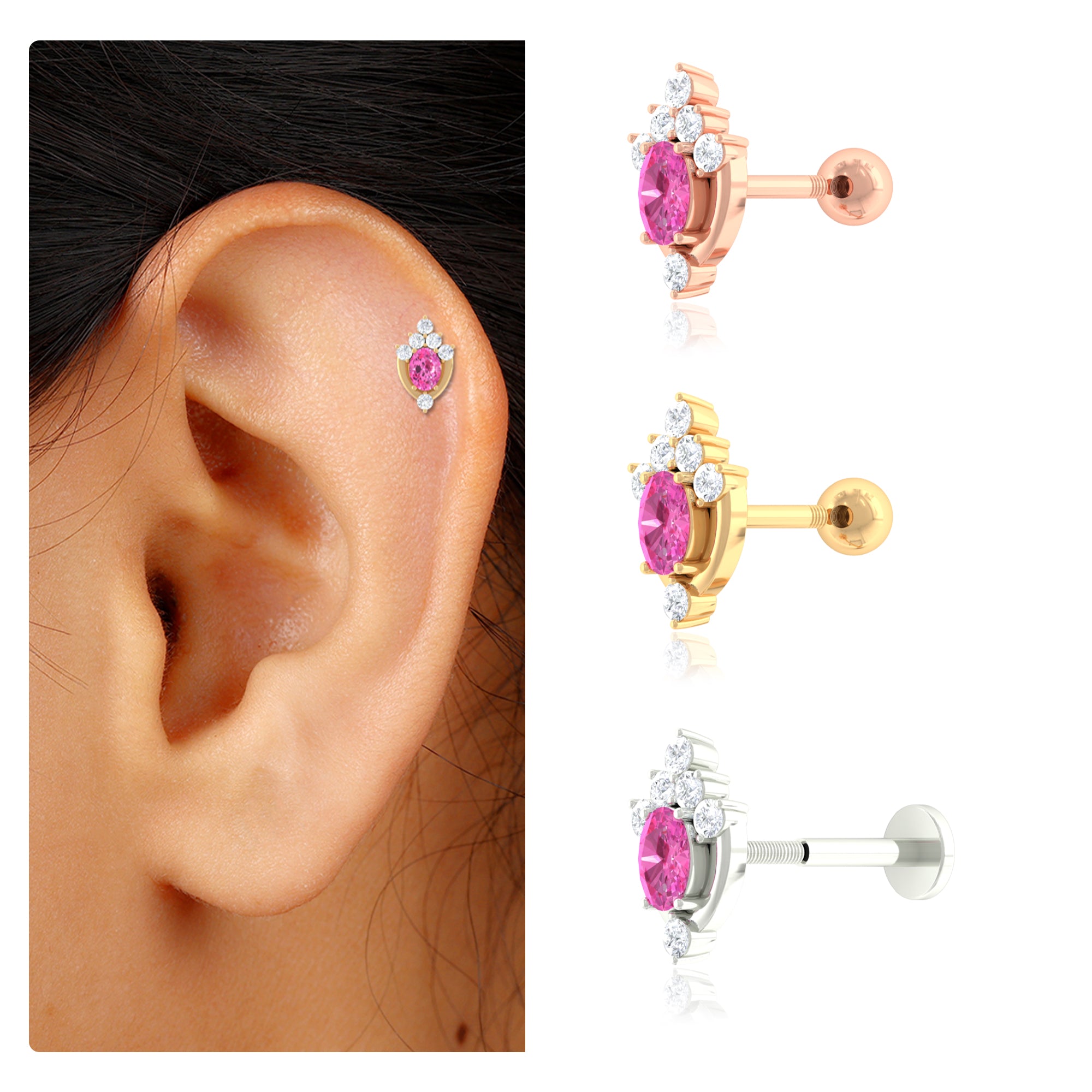 Rosec Jewels-Created Pink Sapphire and Moissanite Unique Helix Earring