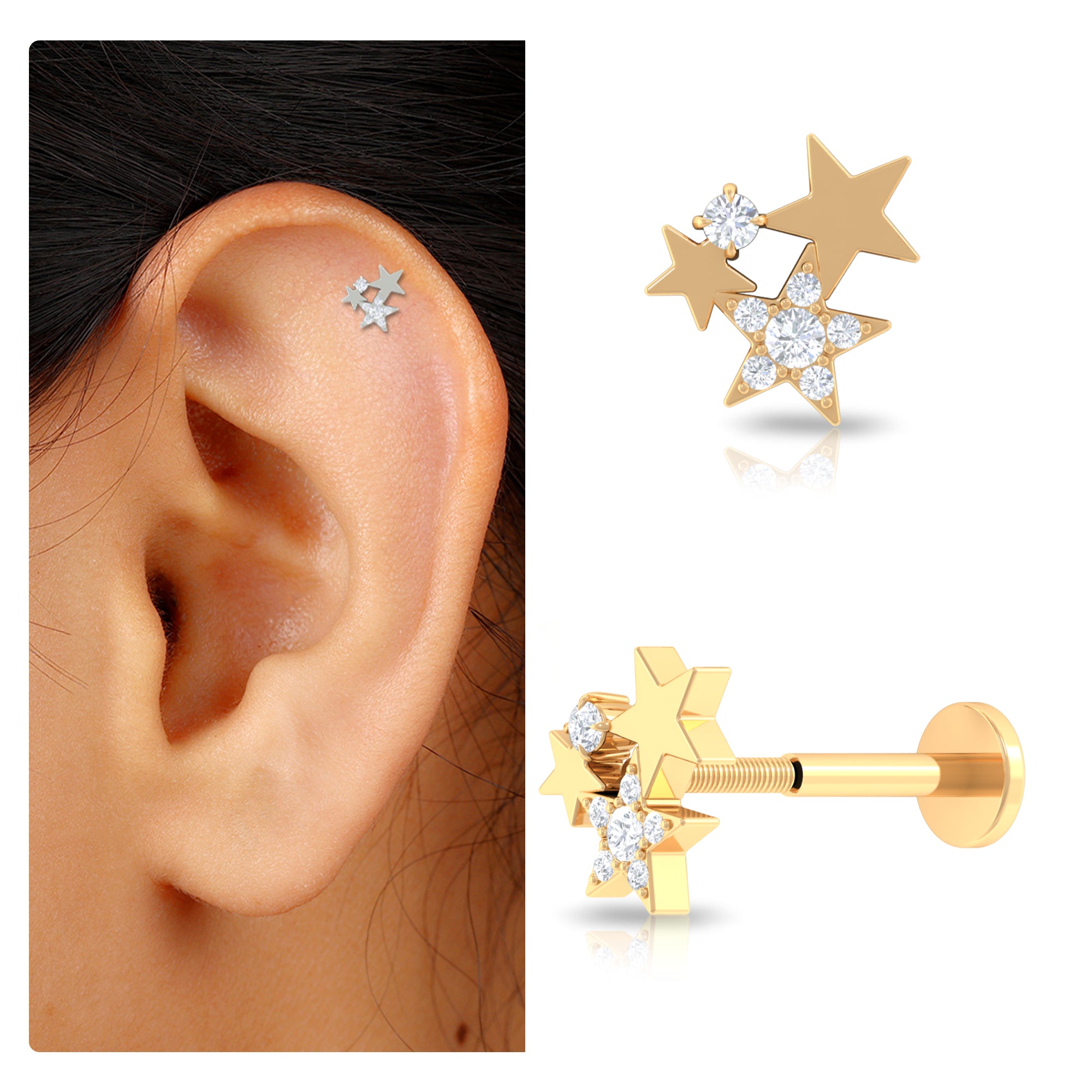 Rosec Jewels-Round Cut Natural Diamond Gold Star Cartilage Earring