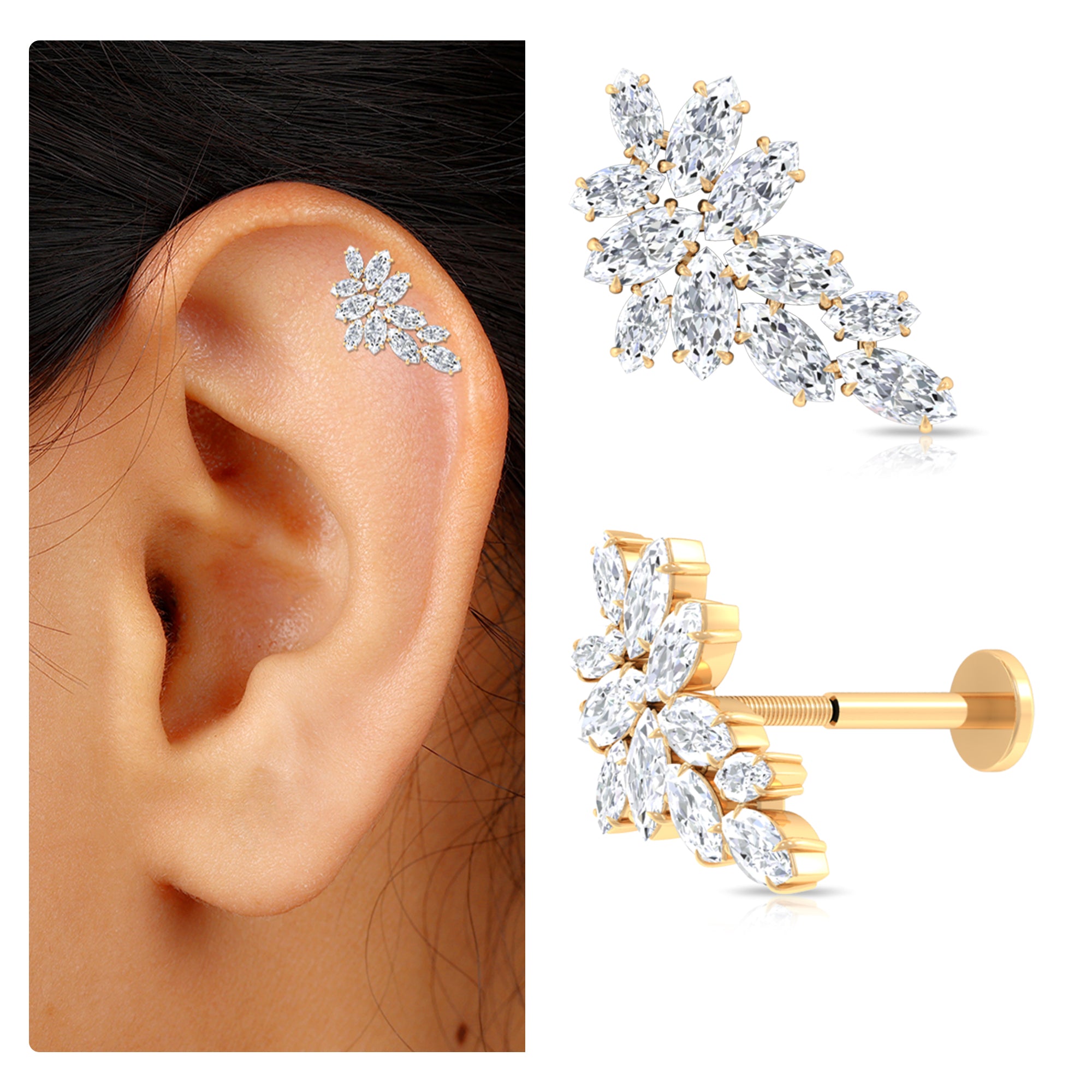 Rosec Jewels-Marquise Moissanite Gold Leaf Earring for Cartilage Piercing