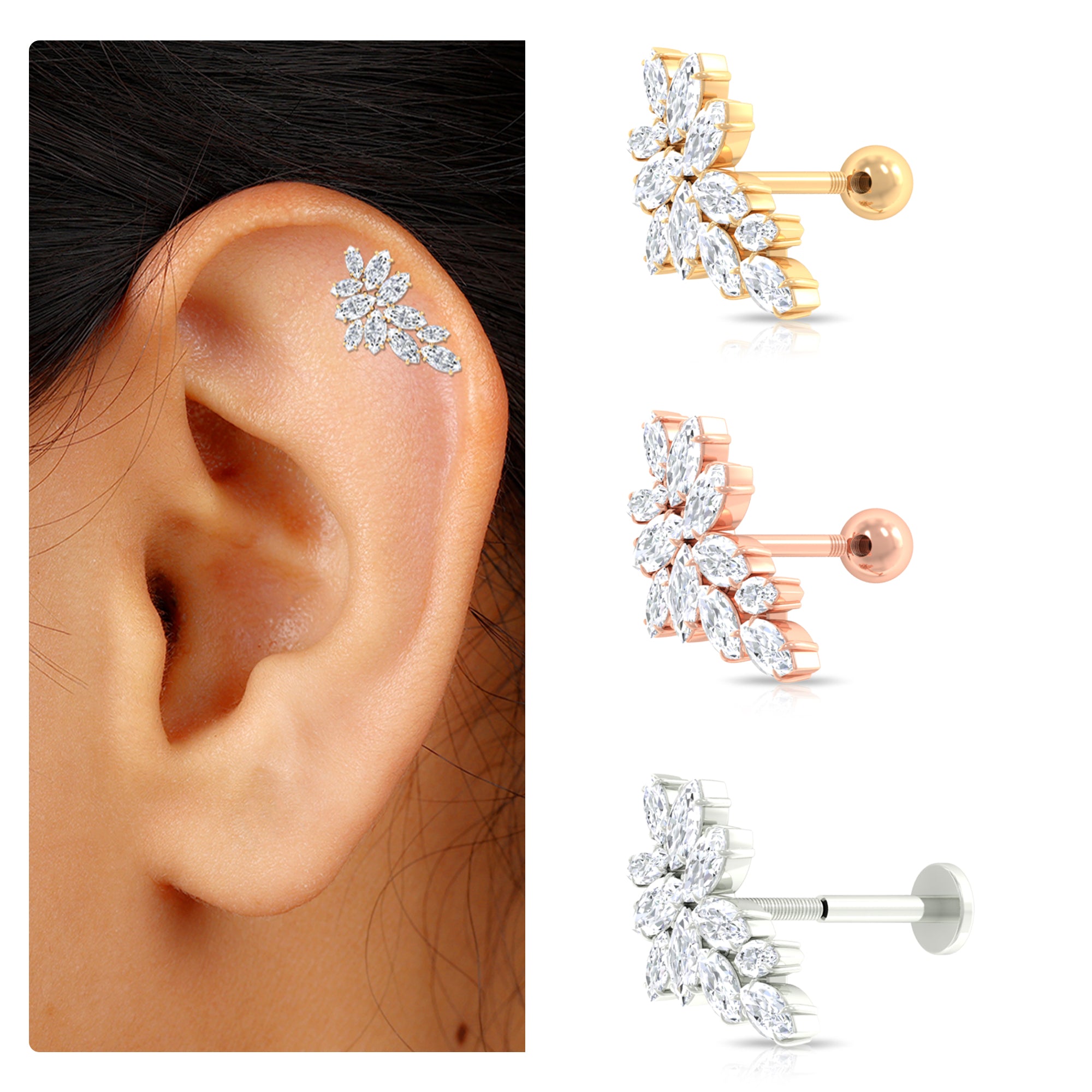 Rosec Jewels-Marquise Moissanite Gold Leaf Earring for Cartilage Piercing