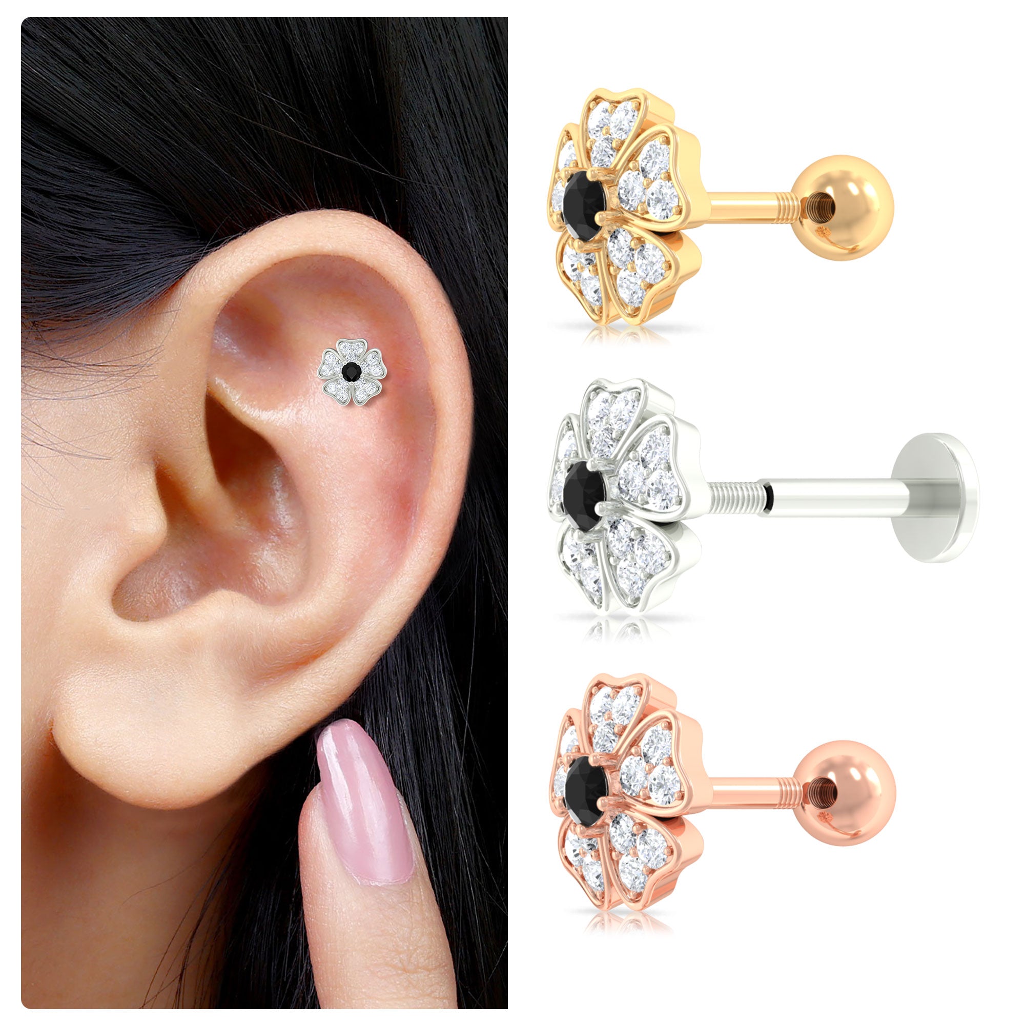 Rosec Jewels-1/4 CT Black Diamond and Moissanite Flower Helix Earring in Gold