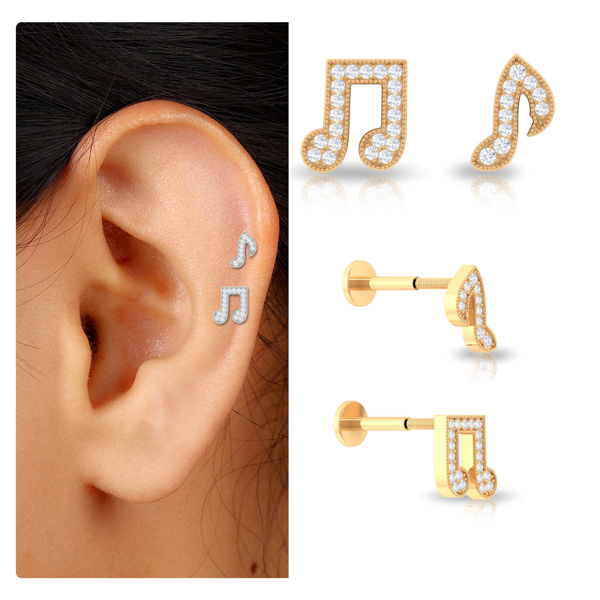 Rosec Jewels-Moissanite Gold Music Note Earring Set for Helix Piercing