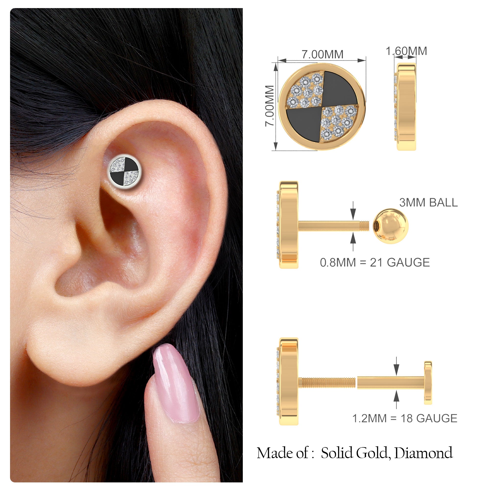 Rosec Jewels-Moissanite Gold Round Conch Earring with Black Enamel