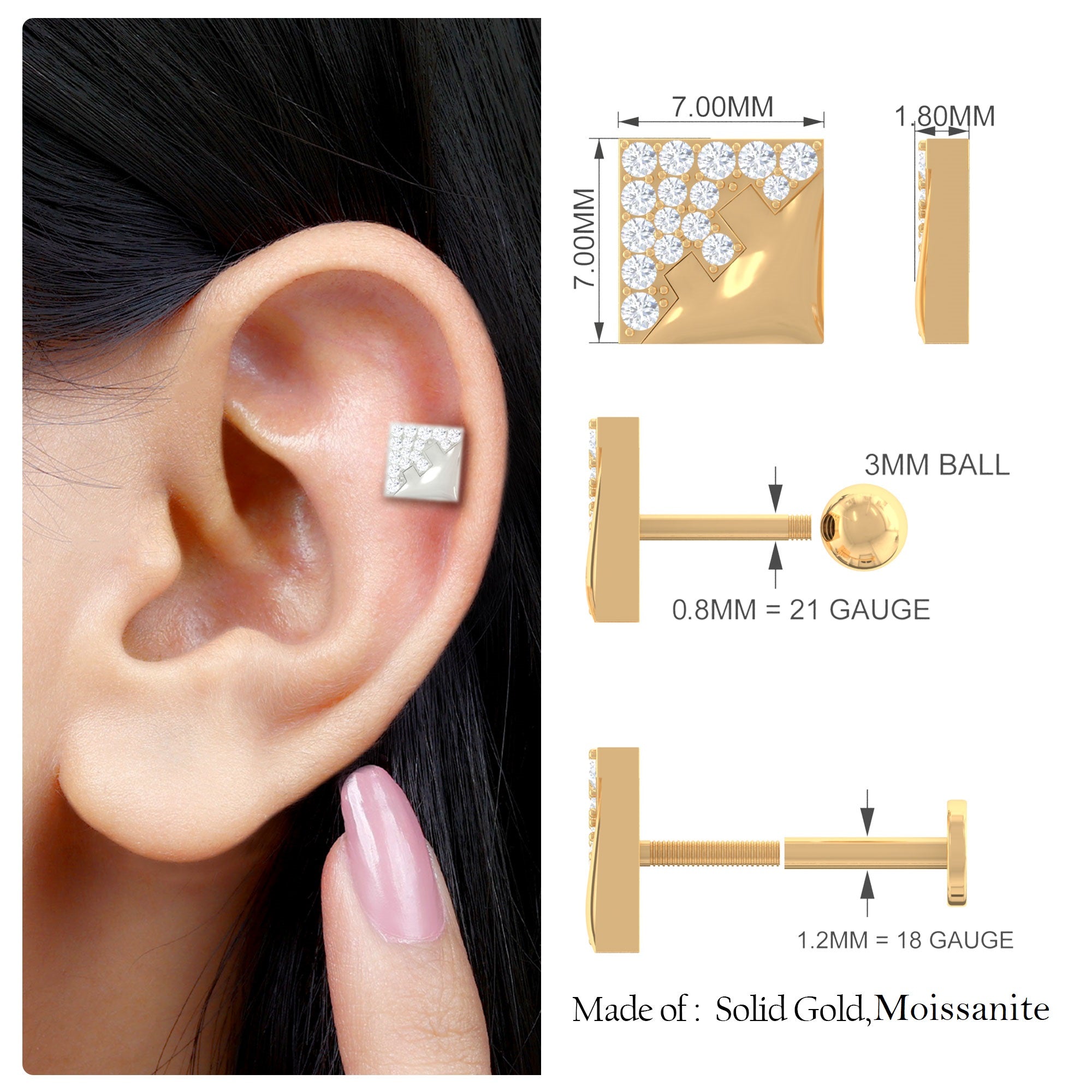 Rosec Jewels-Unique Moissanite and Gold Square Cartilage Stud Earring