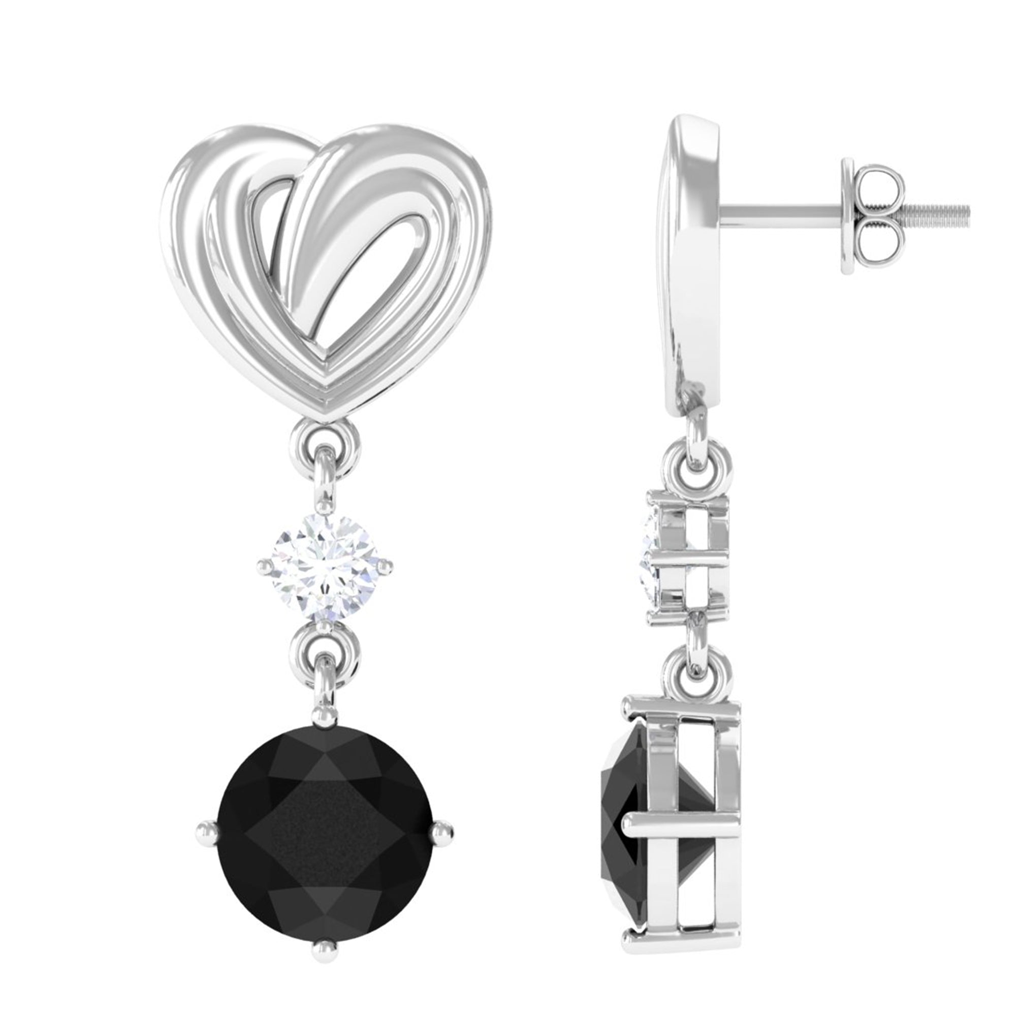 Rosec Jewels-Heart Shaped Lab Grown Black Diamond Drop Earrings With Screw Back