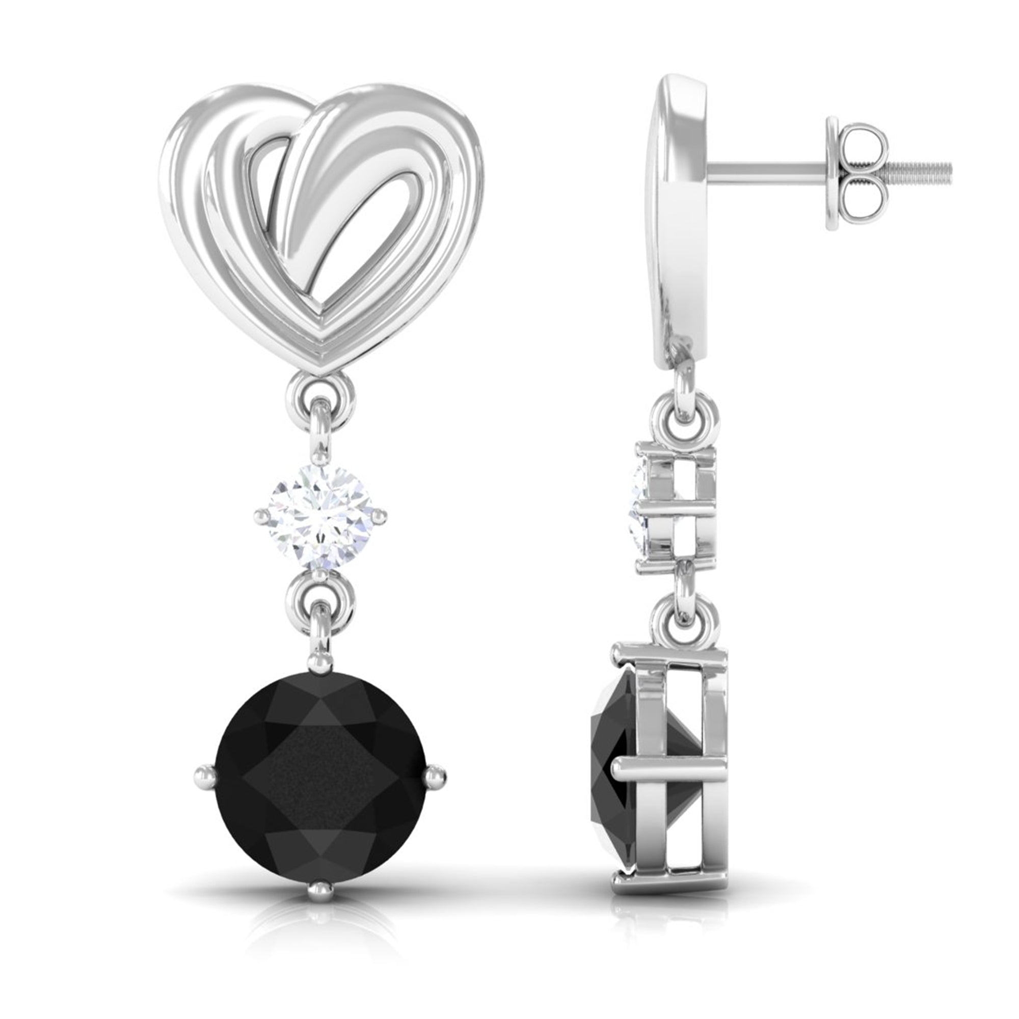 Rosec Jewels-Heart Shaped Lab Grown Black Diamond Drop Earrings With Screw Back