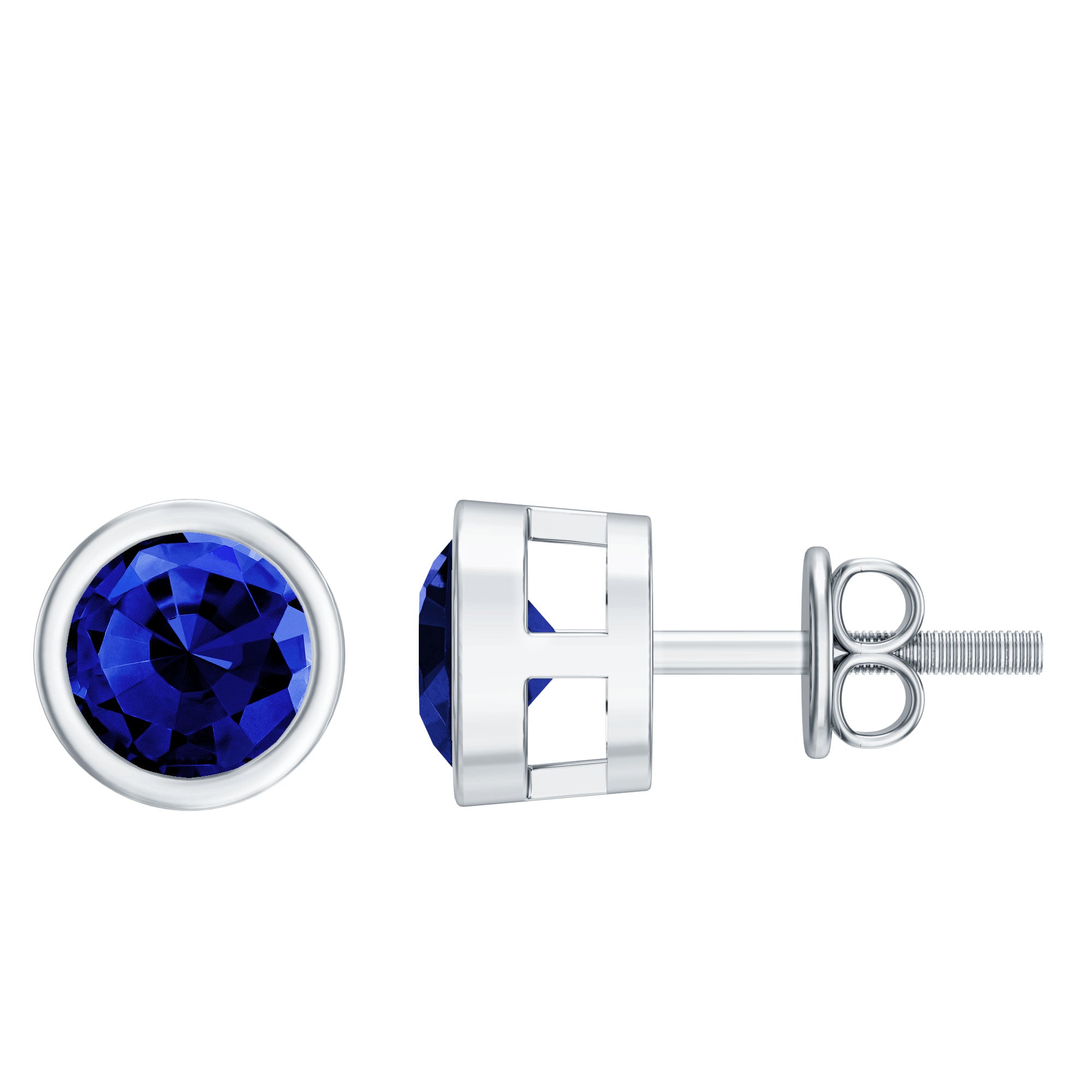 Rosec Jewels-Bezel Set Lab Grown Blue Sapphire Stud Earrings With Screw Back