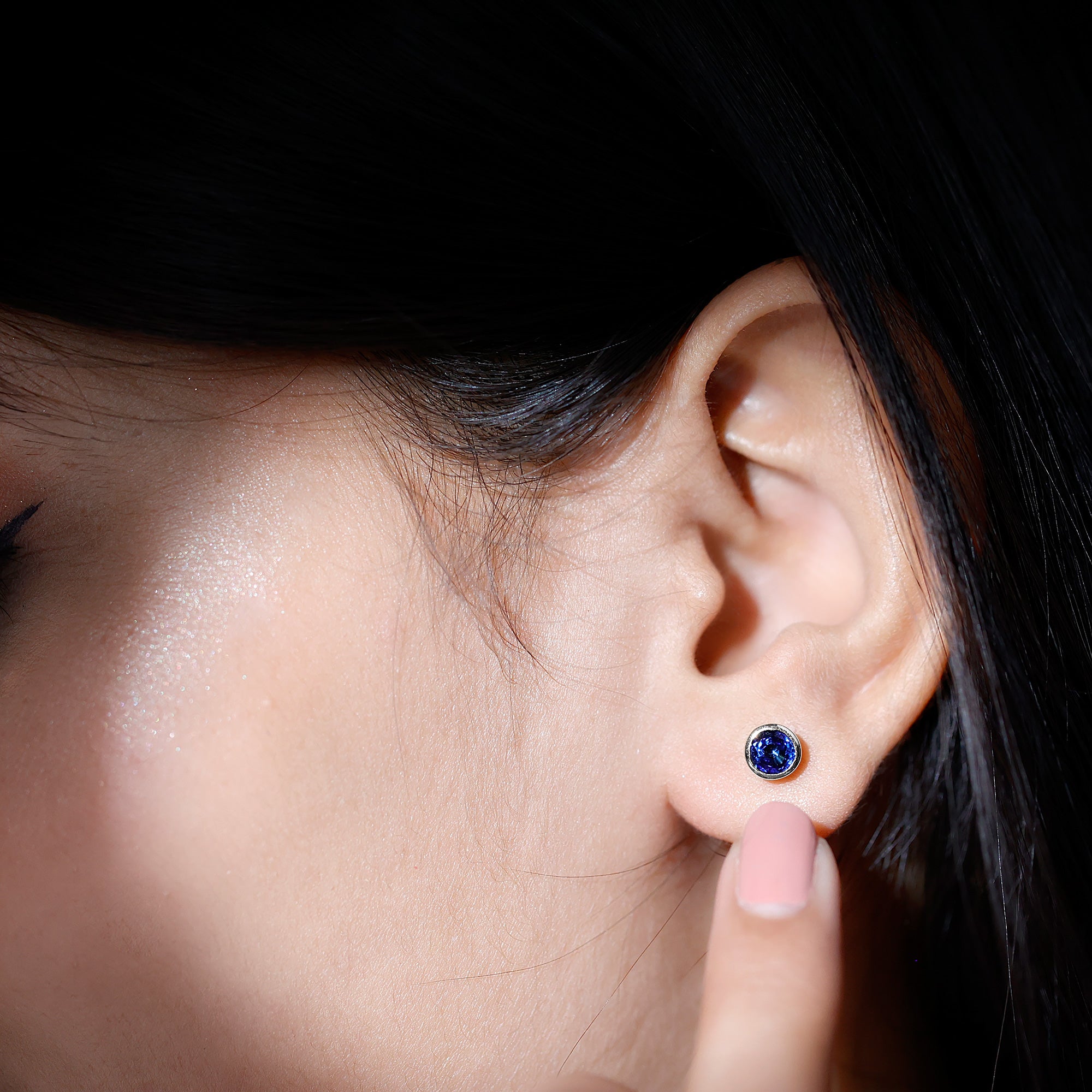 Rosec Jewels-Bezel Set Lab Grown Blue Sapphire Stud Earrings With Screw Back