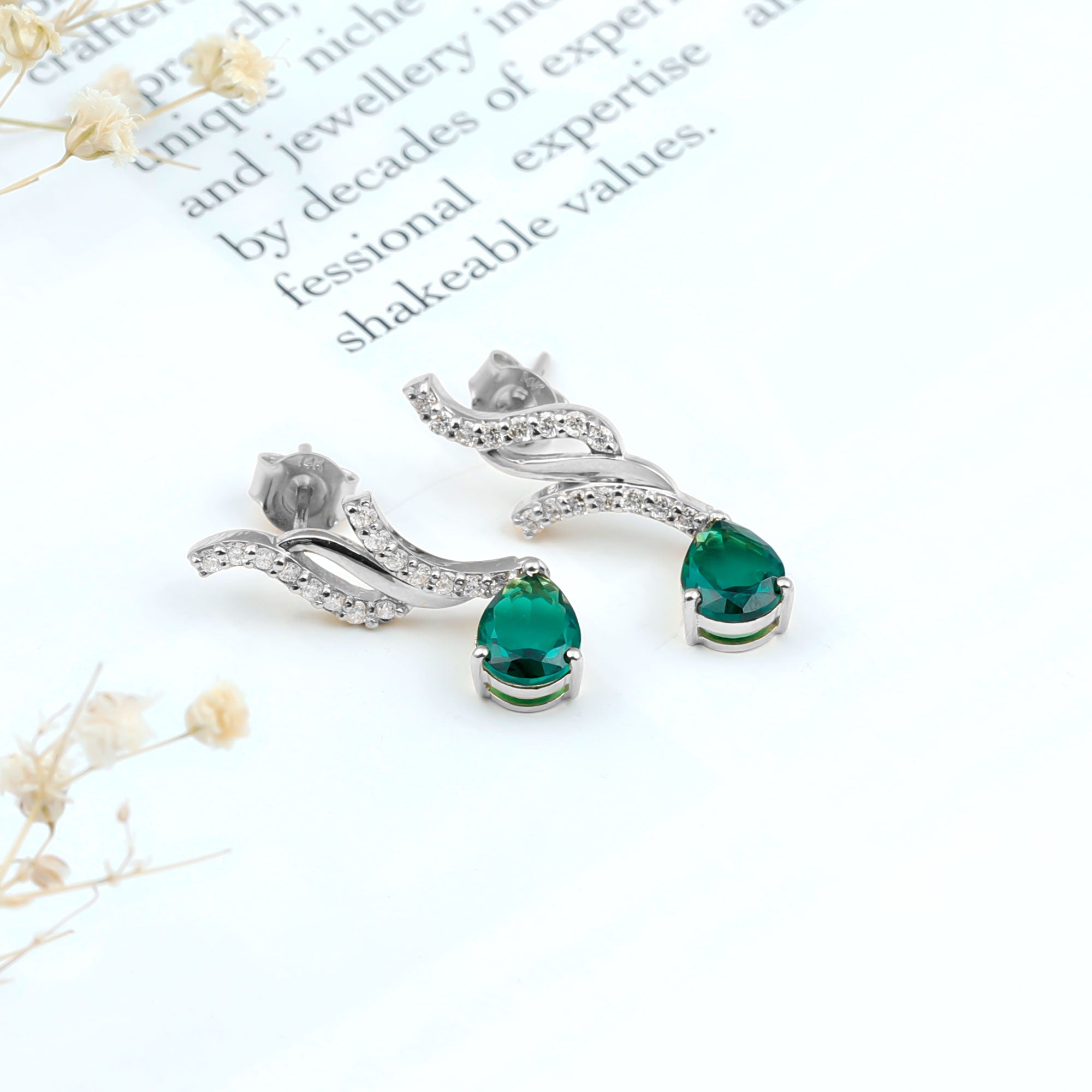 Rosec Jewels-Vintage Lab Grown Emerald Teardrop Earrings with Diamond Accent