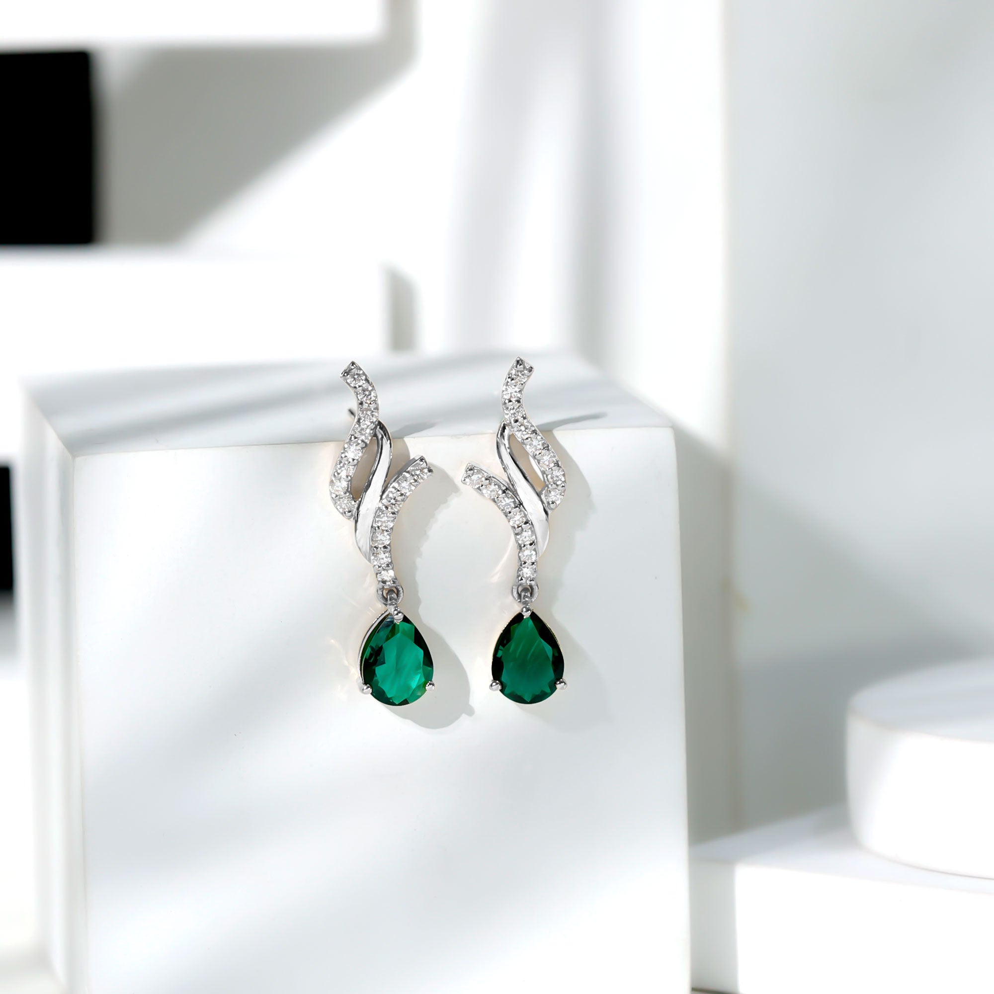 Rosec Jewels-Vintage Lab Grown Emerald Teardrop Earrings with Diamond Accent