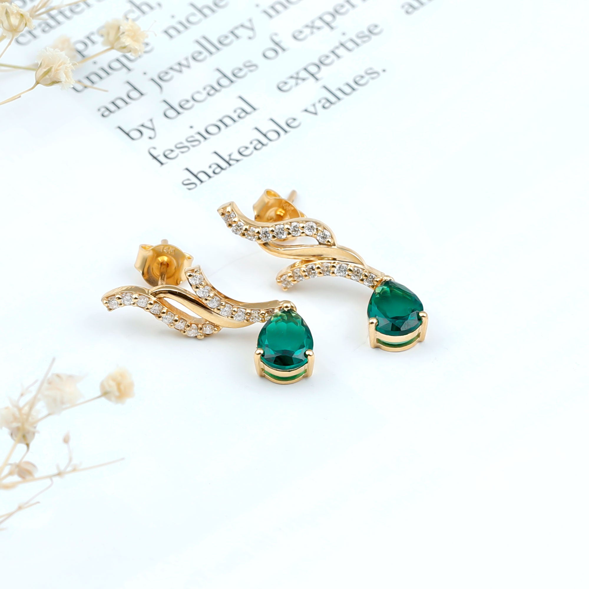 Rosec Jewels-Vintage Lab Grown Emerald Teardrop Earrings with Diamond Accent