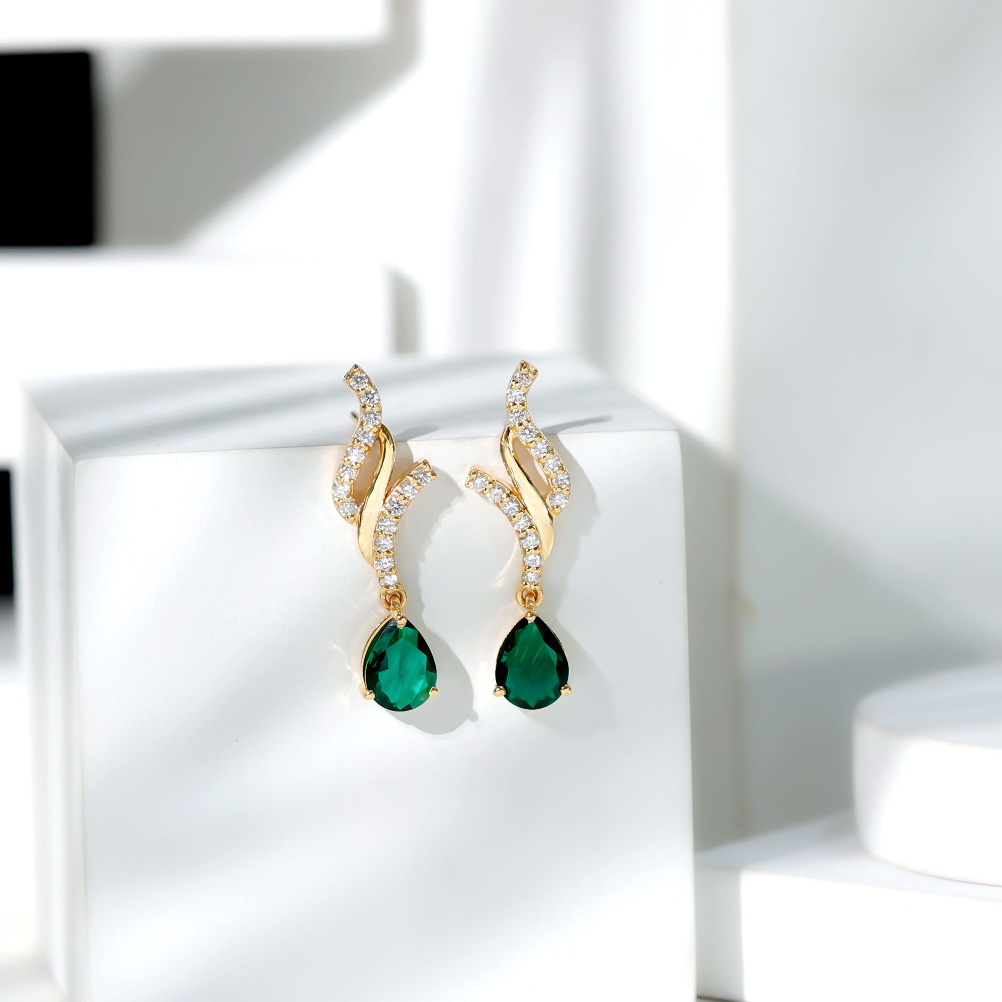 Rosec Jewels-Vintage Lab Grown Emerald Teardrop Earrings with Diamond Accent