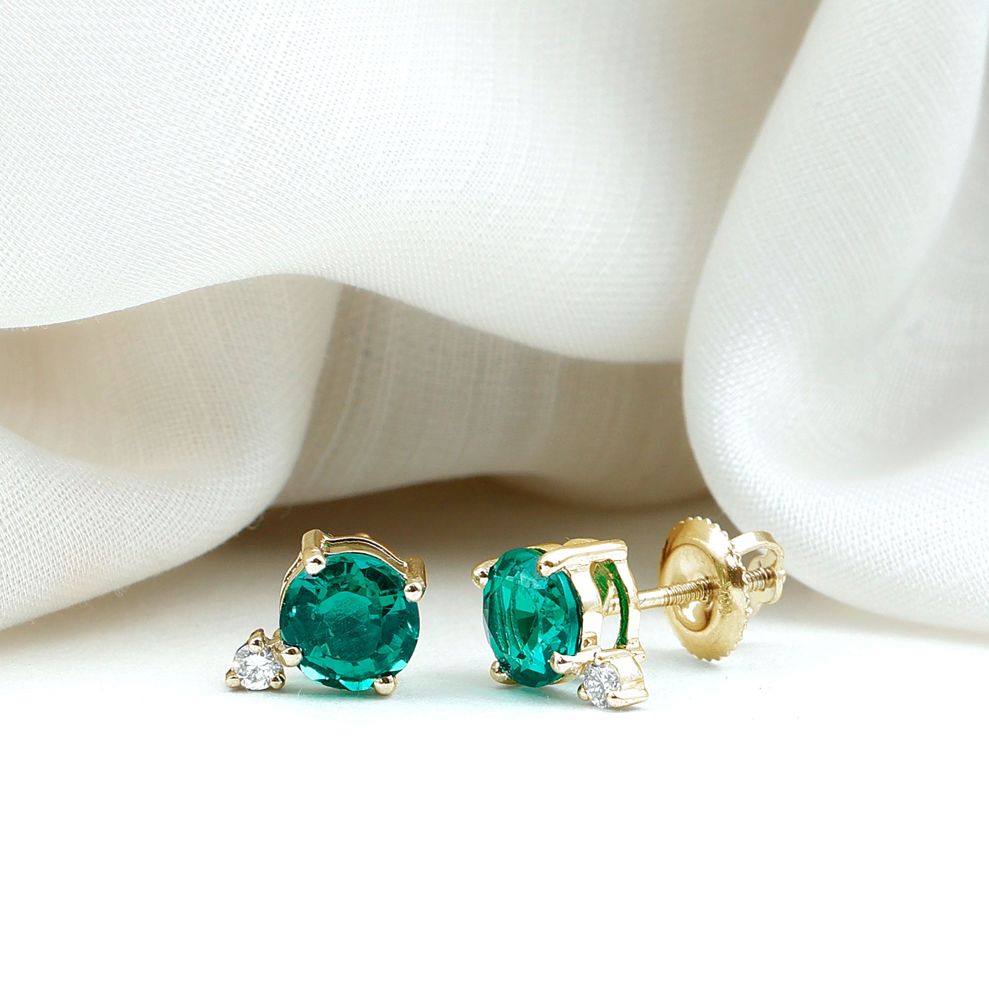 Rosec Jewels-Lab Grown Emerald Screw Back Earrings With Diamond