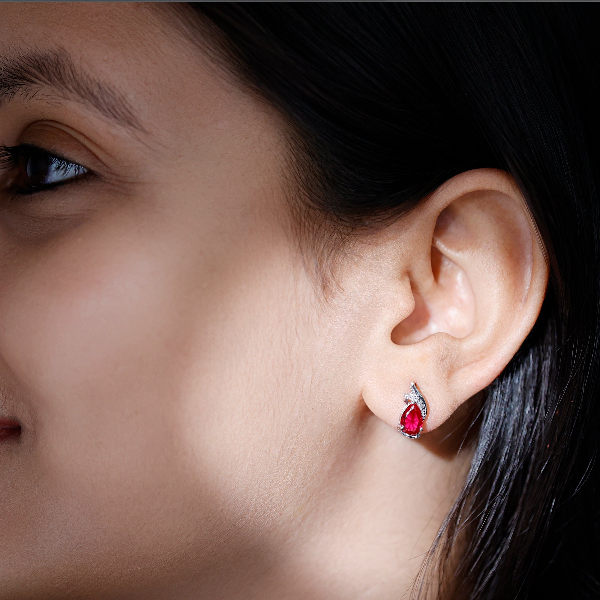 Rosec Jewels-Lab Created Ruby Teardrop Stud Earrings with Diamond Accent