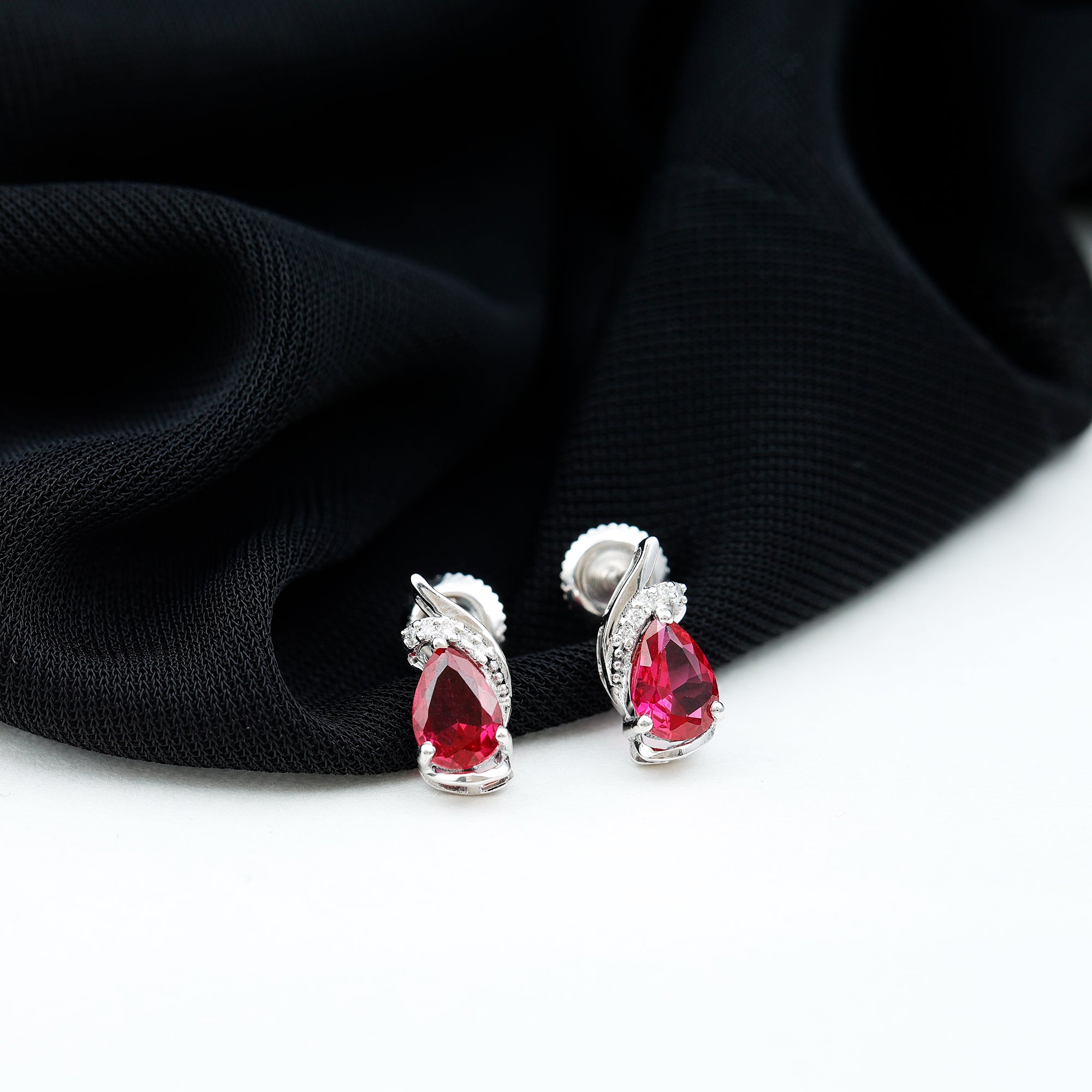 Rosec Jewels-Lab Created Ruby Teardrop Stud Earrings with Diamond Accent