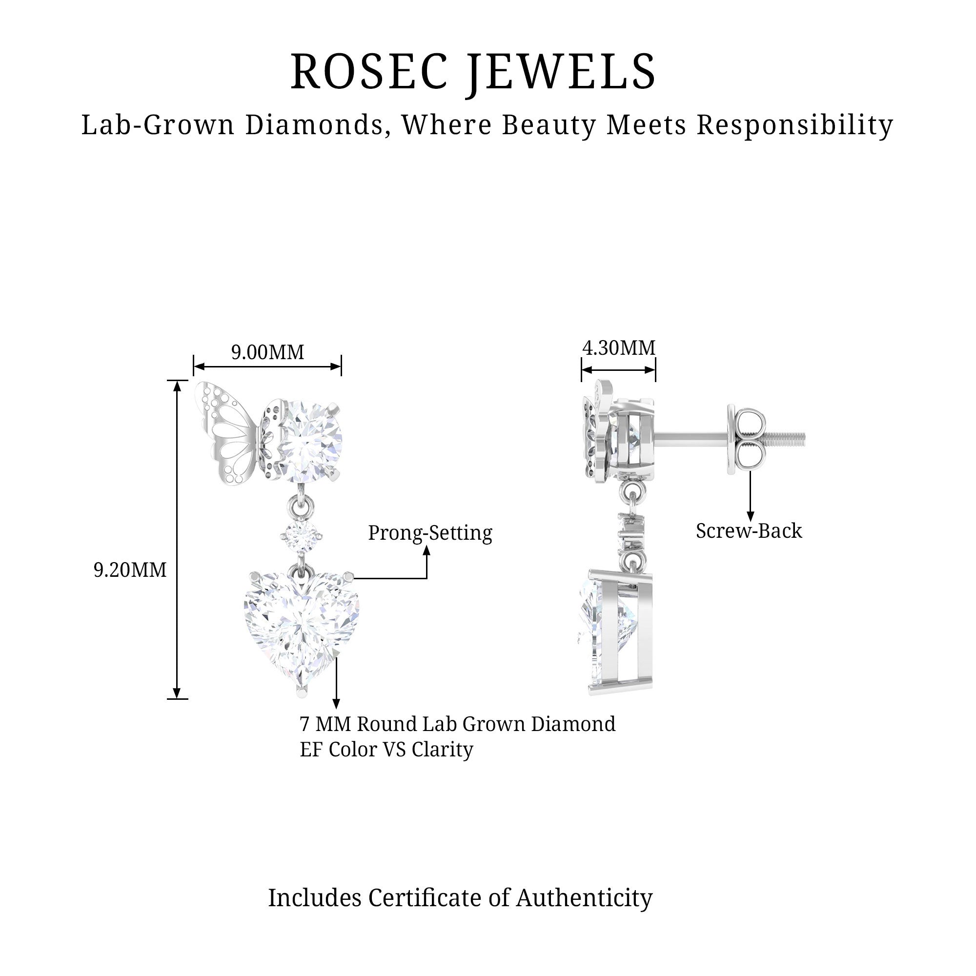 Rosec Jewels-Heart Shaped Lab Grown Diamond Butterfly Drop Earrings