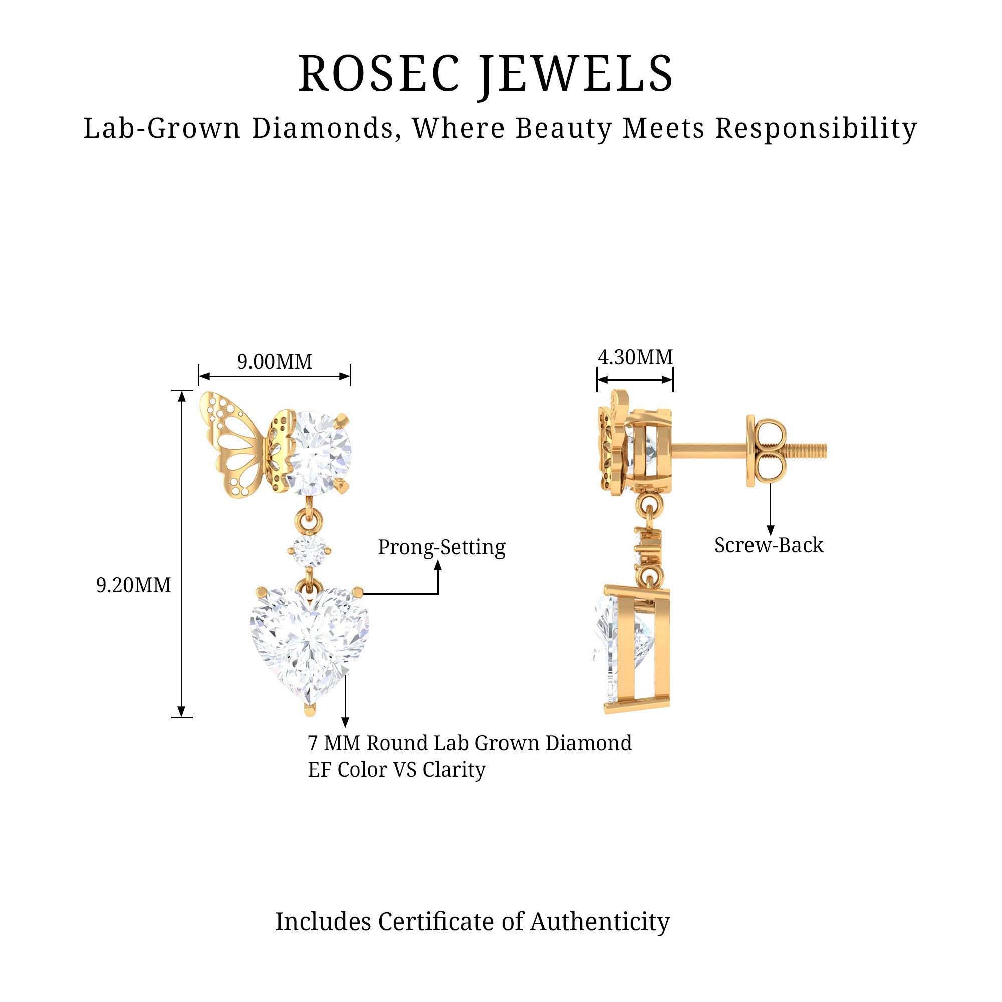 Rosec Jewels-Heart Shaped Lab Grown Diamond Butterfly Drop Earrings