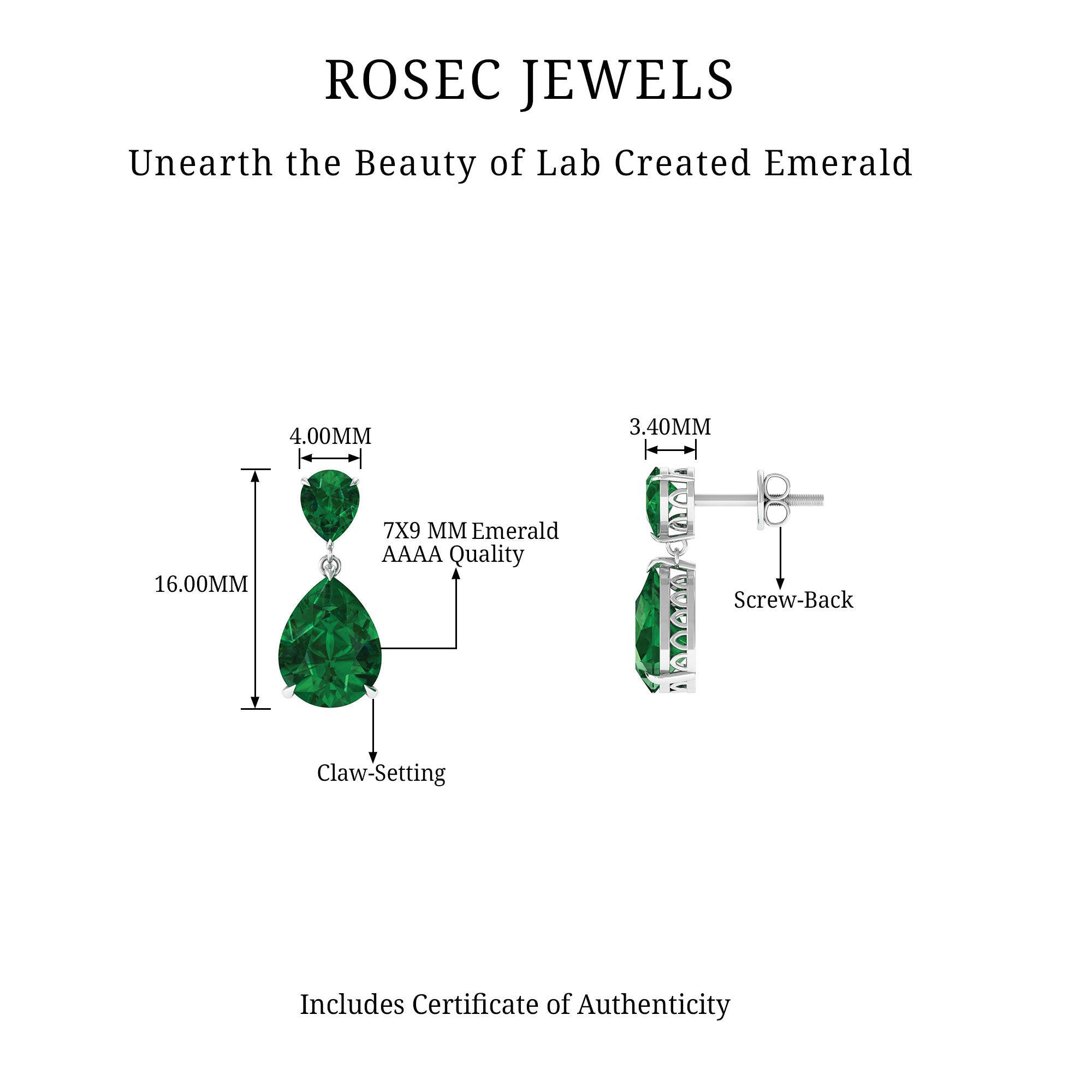 4.25 CT Created Emerald Teardrop Statement Earrings in Silver Lab Created Emerald - ( AAAA ) - Quality 92.5 Sterling Silver - Rosec Jewels