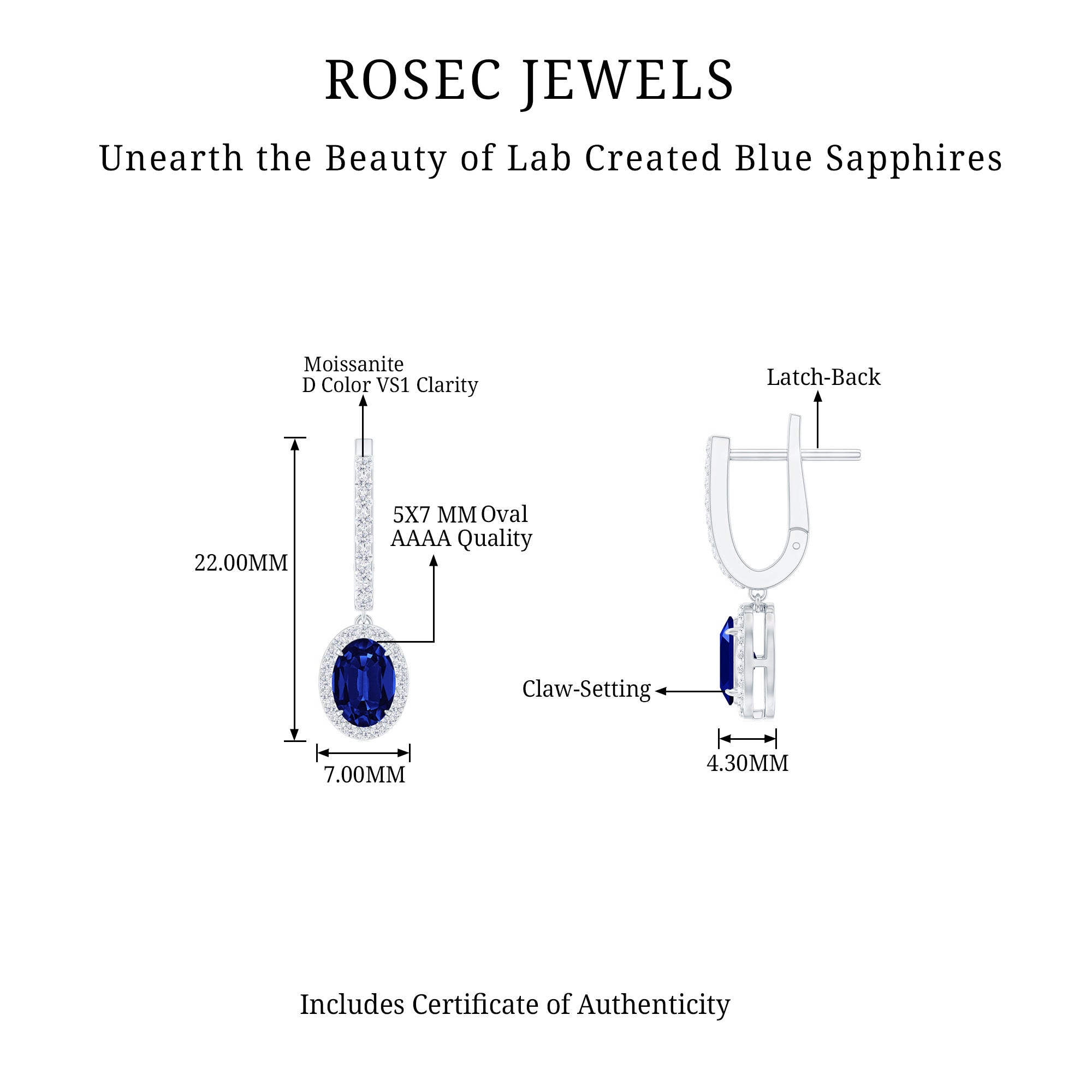 Rosec Jewels-2.5 CT Hoop Drop Earrings with Created Blue Sapphire and Moissanite Halo