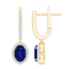 Rosec Jewels-2.5 CT Hoop Drop Earrings with Created Blue Sapphire and Moissanite Halo