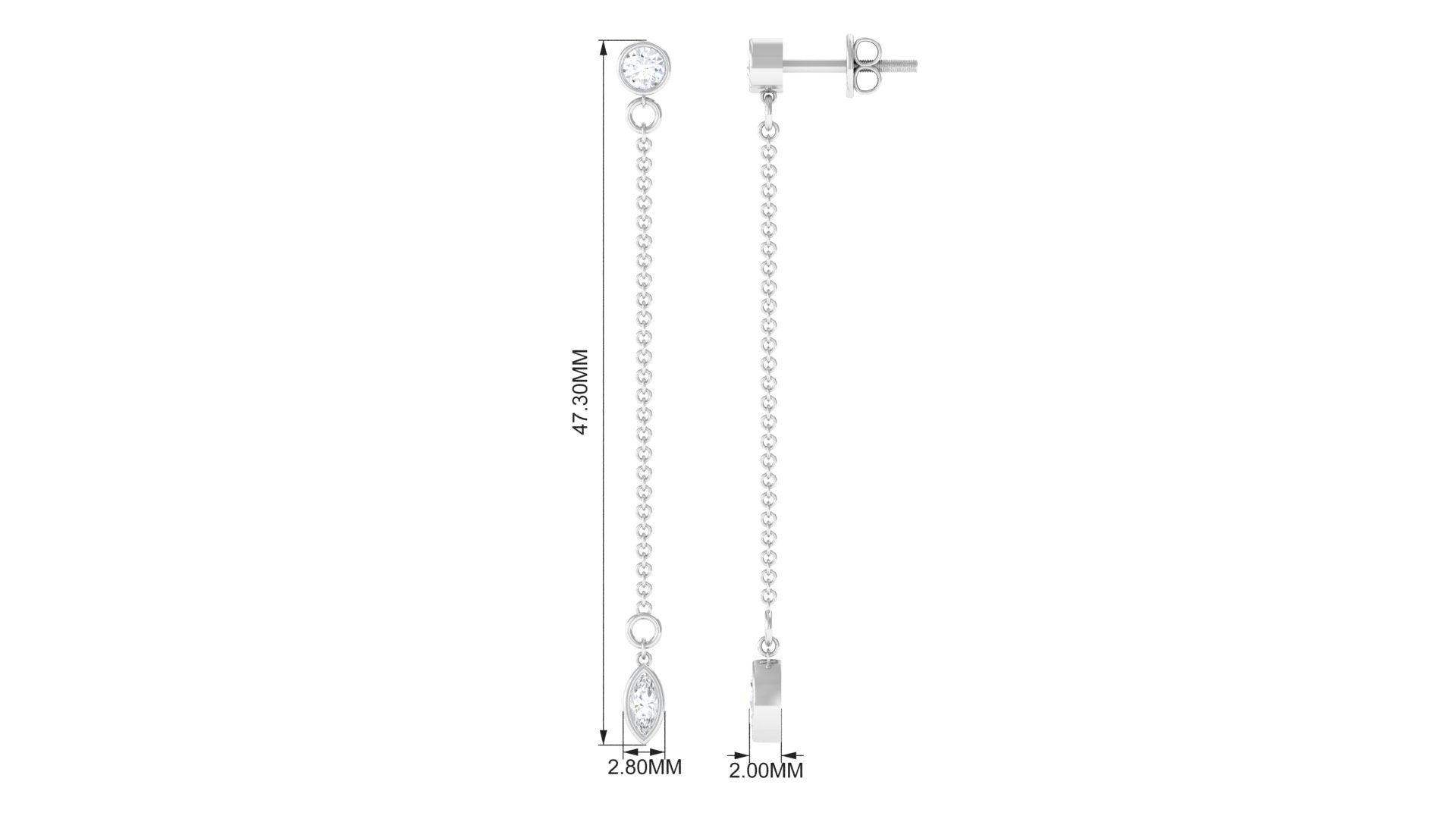 Bezel Set Zircon Long Chain Dangle Drop Silver Earrings - Rosec Jewels