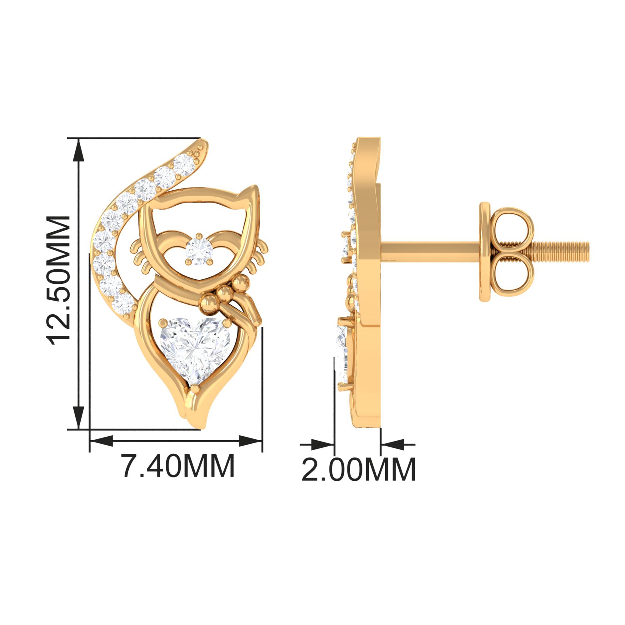 Classic Zircon and Gold Cat Stud Earrings Zircon - ( AAAA ) - Quality - Rosec Jewels