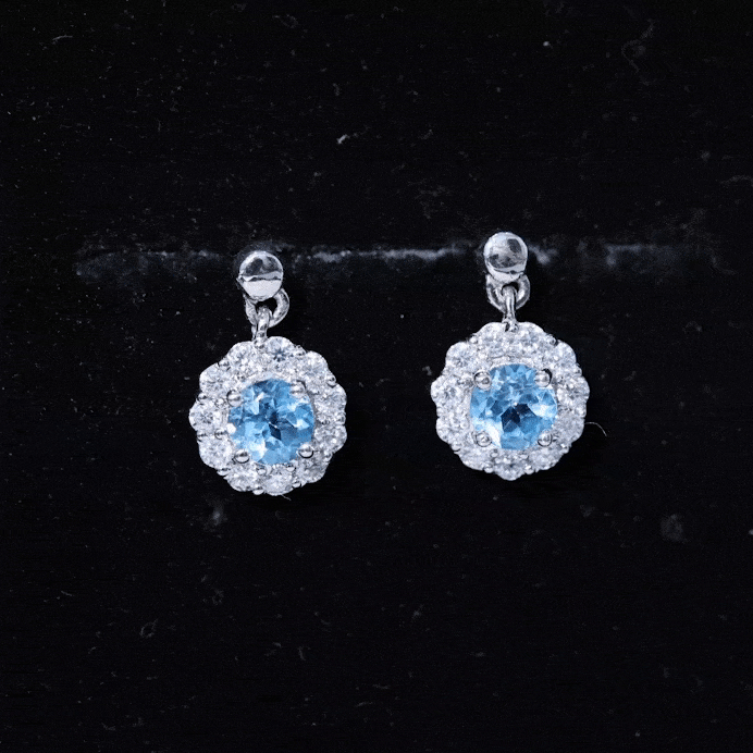 1 CT Real Swiss Blue Topaz and Diamond Flower Halo Drop Silver Earrings Swiss Blue Topaz - ( AAA ) - Quality 92.5 Sterling Silver - Rosec Jewels