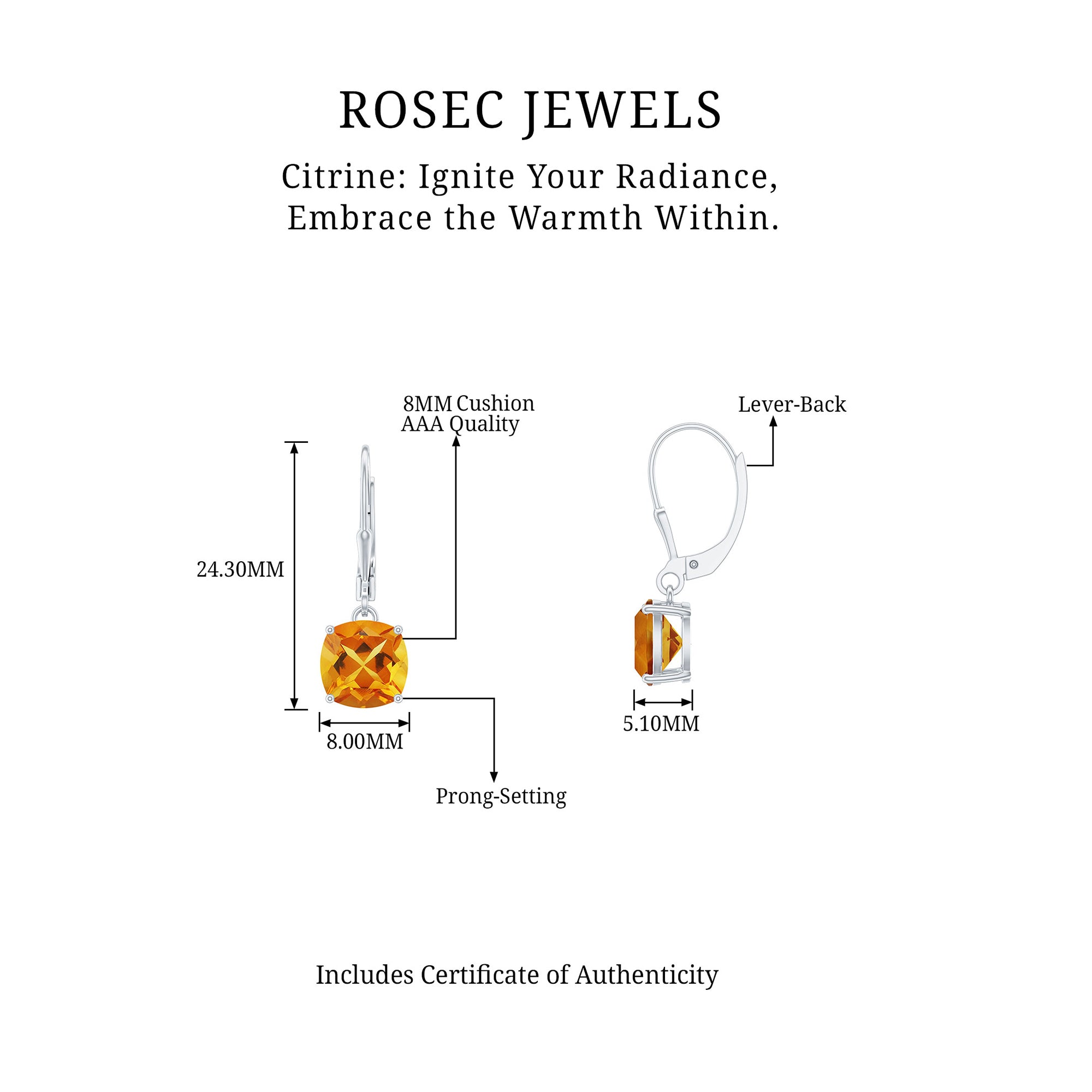 8 MM Cushion Cut Citrine Solitaire Drop Earrings in Silver Citrine - ( AAA ) - Quality 92.5 Sterling Silver - Rosec Jewels