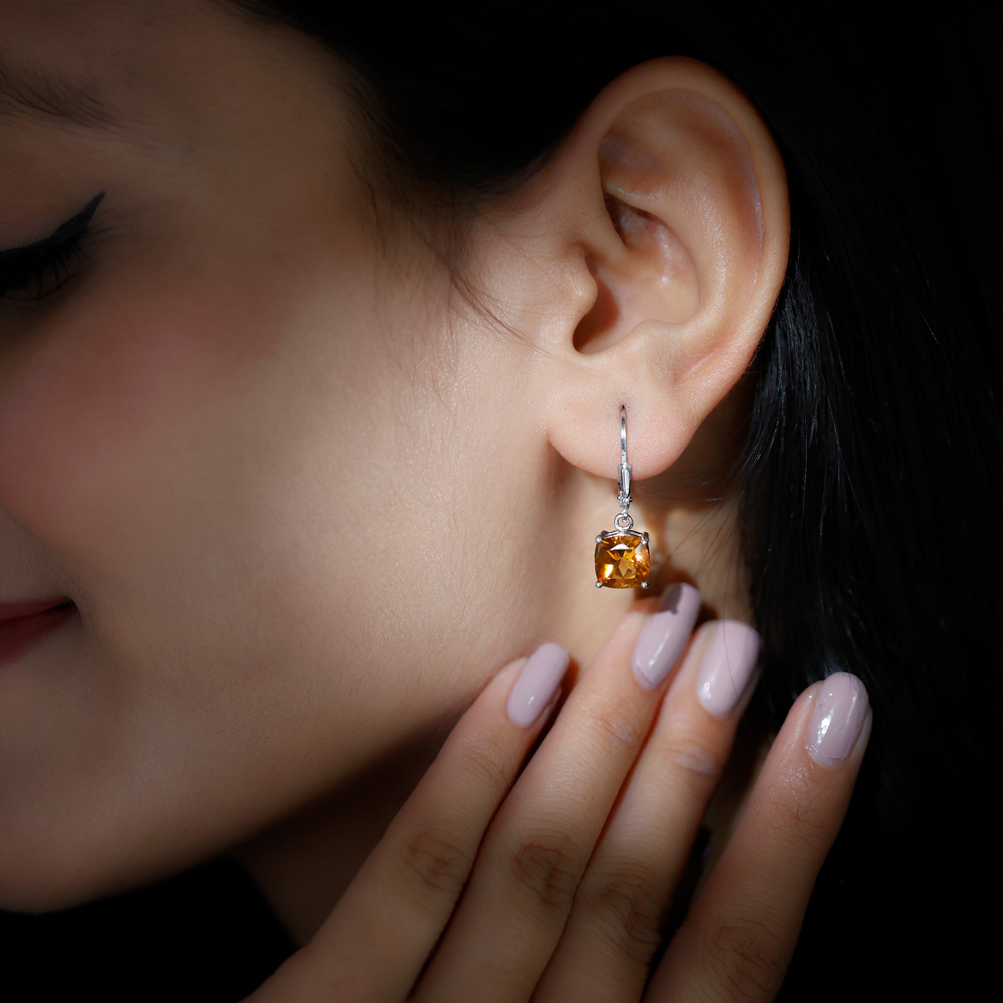 8 MM Cushion Cut Citrine Solitaire Drop Earrings Citrine - ( AAA ) - Quality - Rosec Jewels