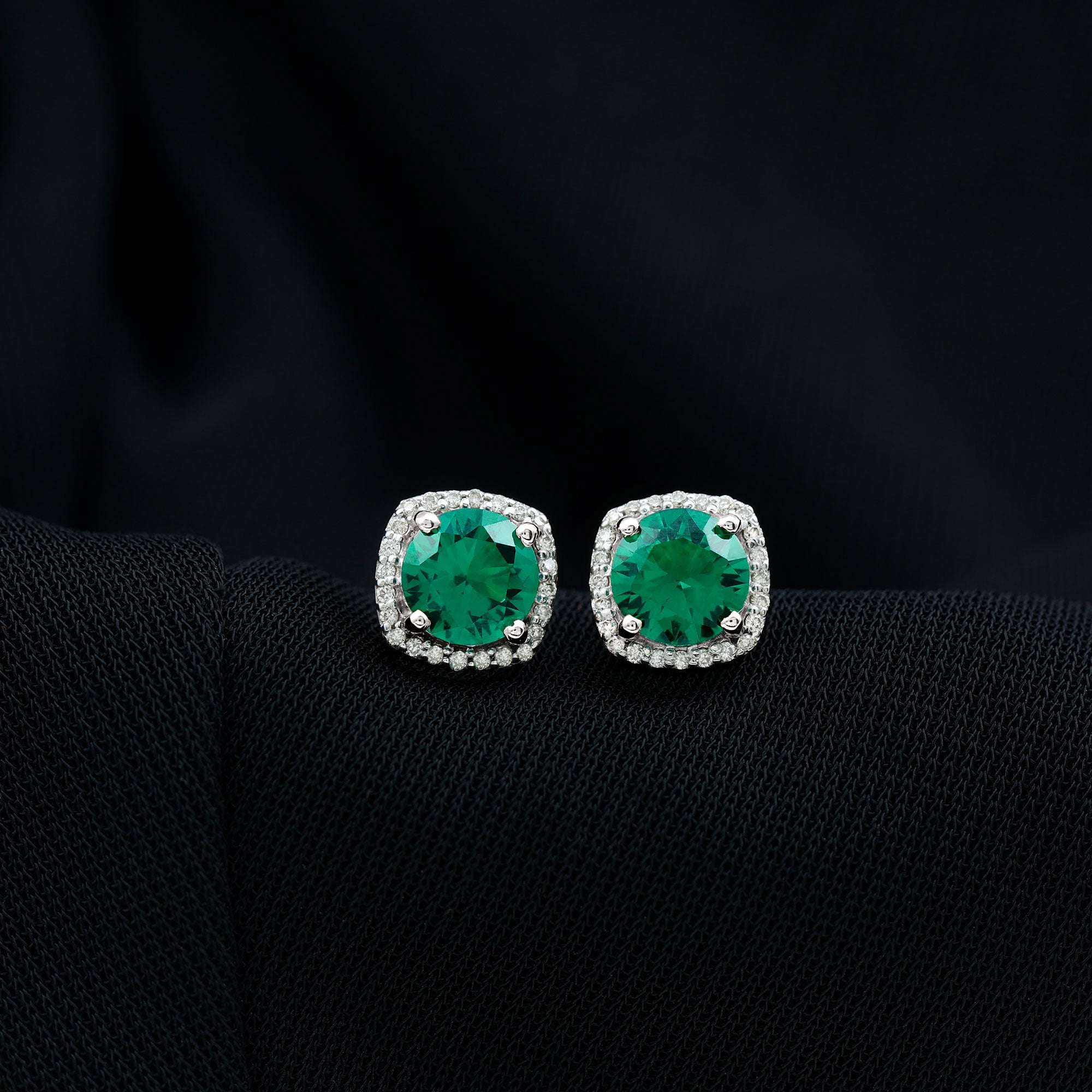 Classic Created Emerald Halo Silver Stud Earrings with Moissanite Lab Created Emerald - ( AAAA ) - Quality 92.5 Sterling Silver - Rosec Jewels