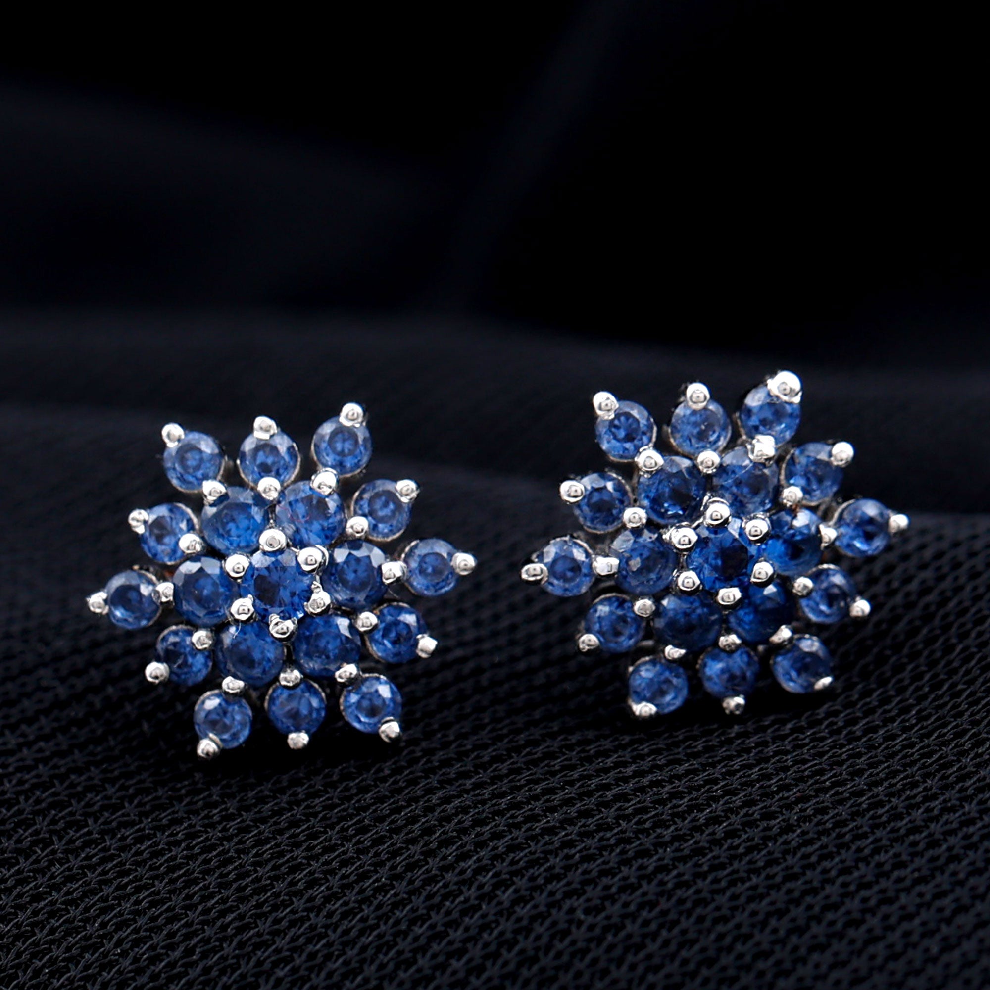 Flower Inspired Lab Grown Blue Sapphire Cluster Stud Earrings Lab Created Blue Sapphire - ( AAAA ) - Quality 92.5 Sterling Silver - Rosec Jewels