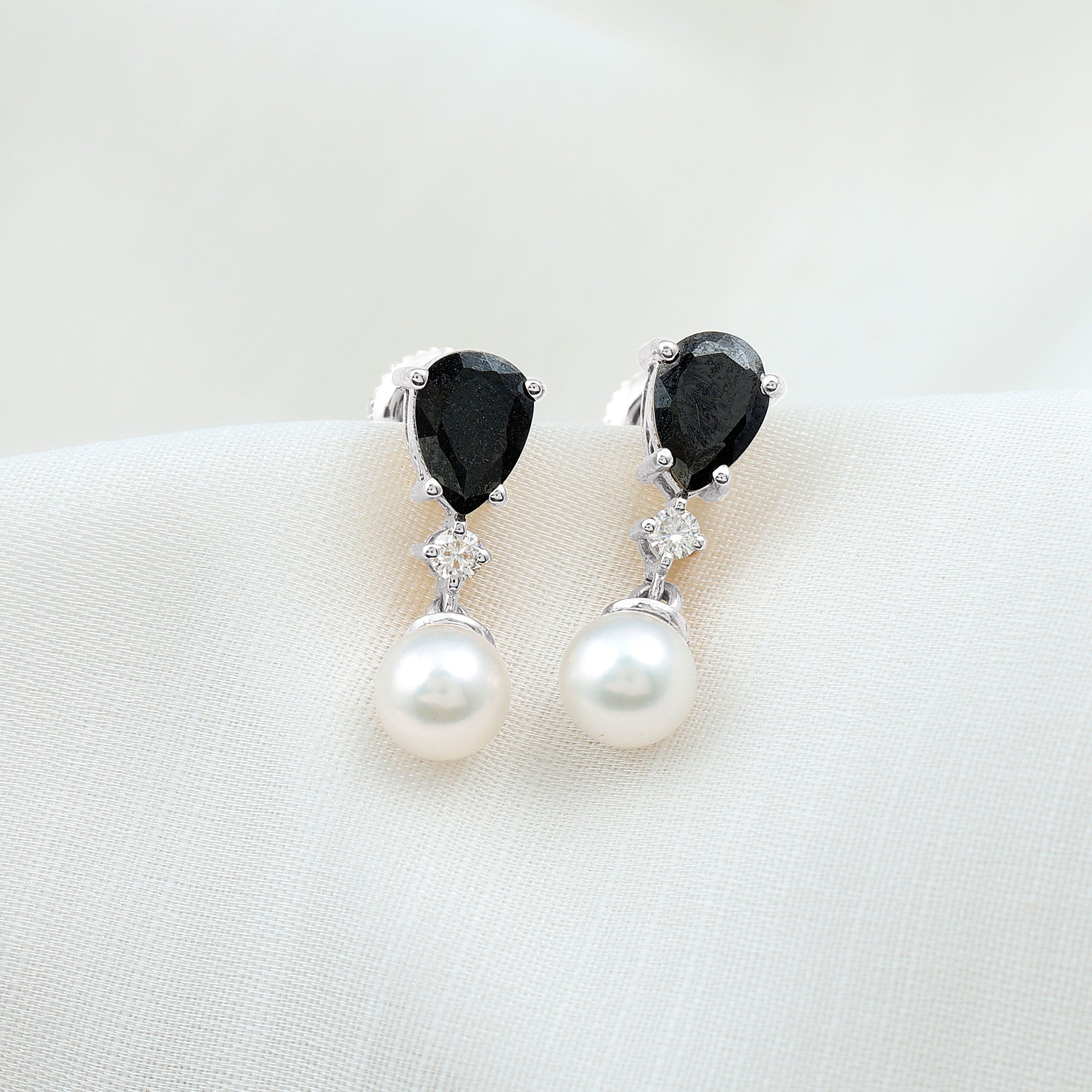 5.75 CT Freshwater Pearl Drop Earrings with Black Onyx and Moissanite Black Onyx - ( AAA ) - Quality - Rosec Jewels