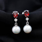 6.25 CT Pear Garnet and Freshwater Pearl Drop Earrings with Moissanite Freshwater Pearl - ( AAA ) - Quality 92.5 Sterling Silver - Rosec Jewels