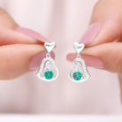 Round Emerald and Diamond Heart Drop Earrings Emerald - ( AAA ) - Quality - Rosec Jewels